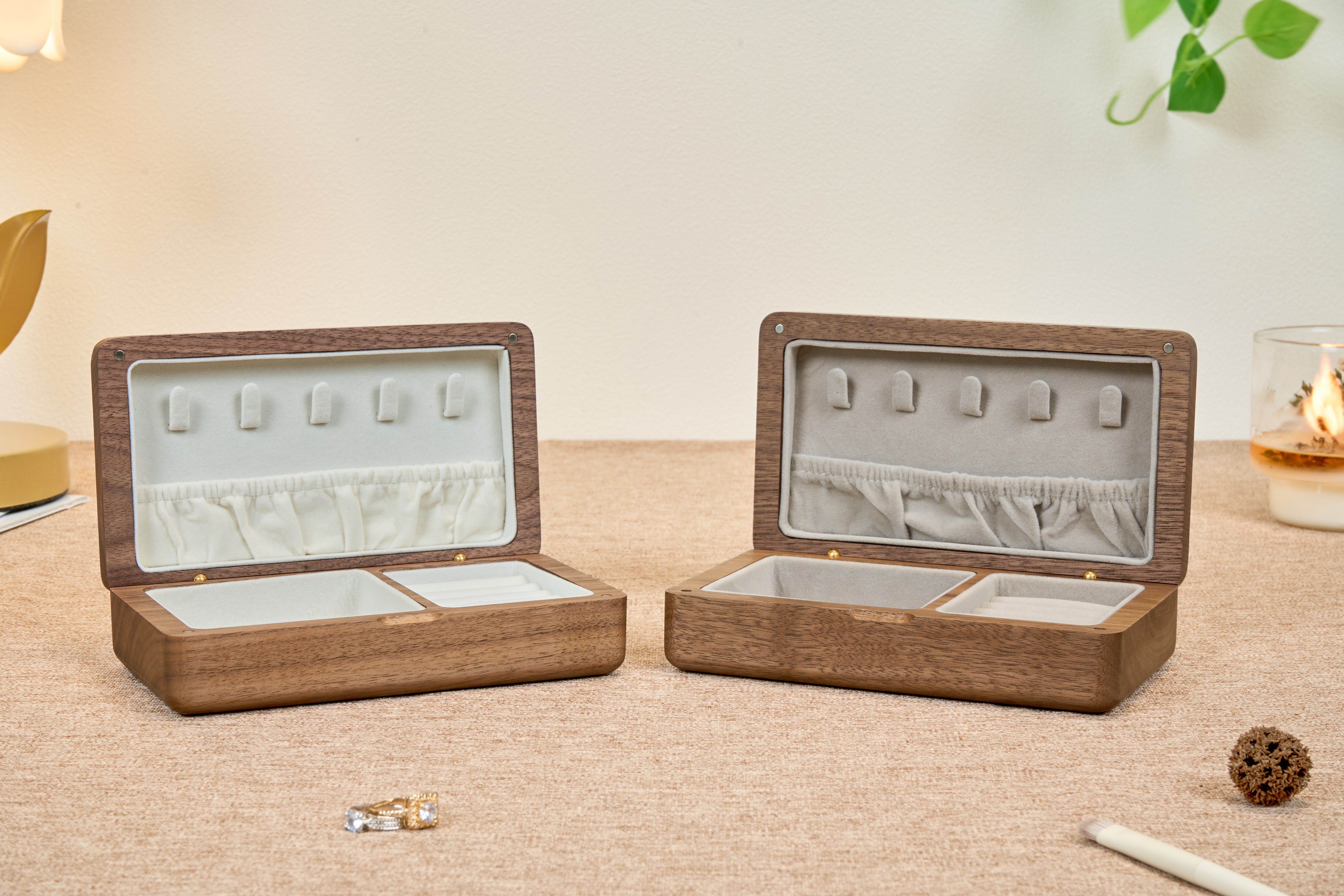 Compact Walnut Jewelry Box with Necklace Hooks & Ring Storage 4