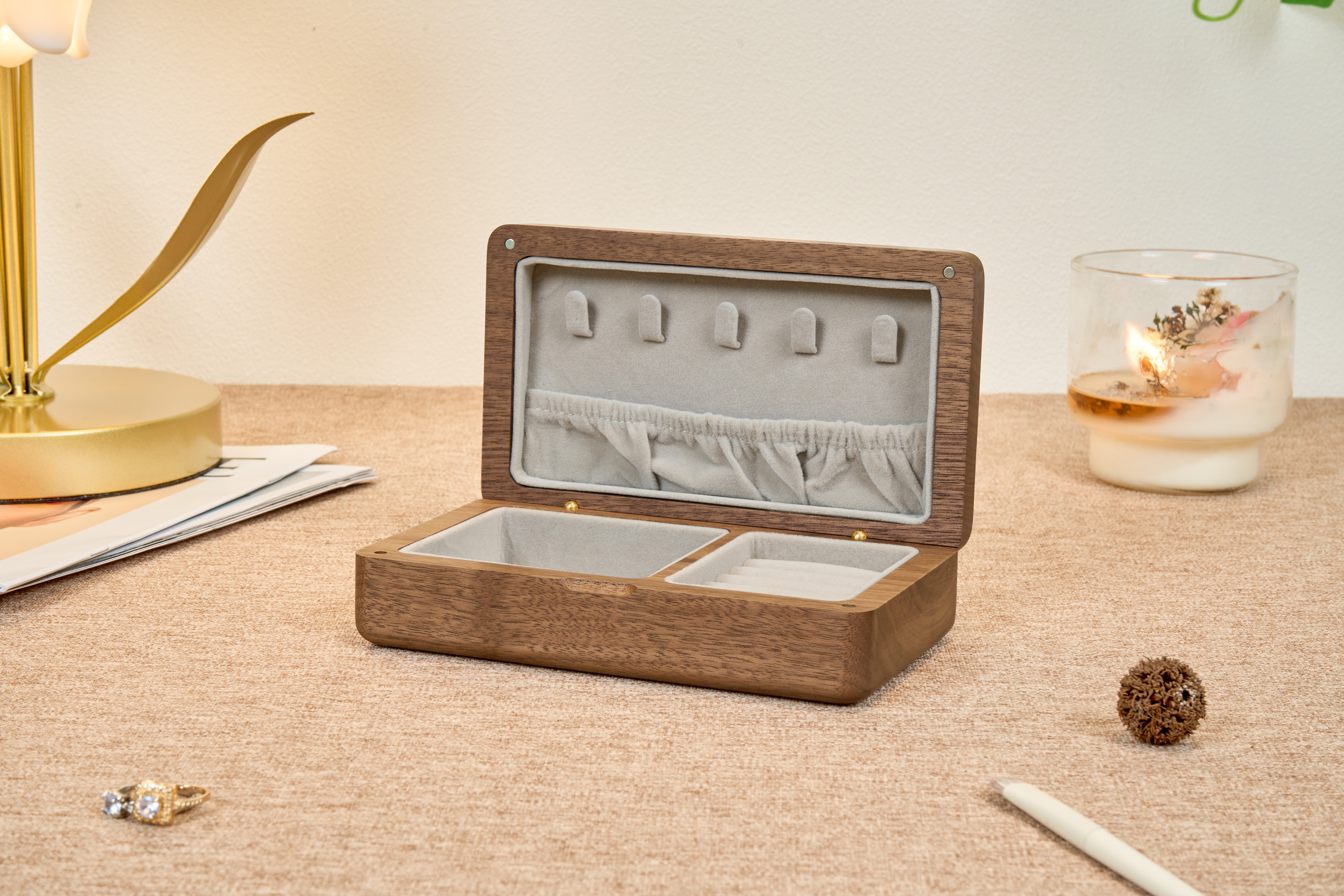 Compact Walnut Jewelry Box with Necklace Hooks & Ring Storage 6