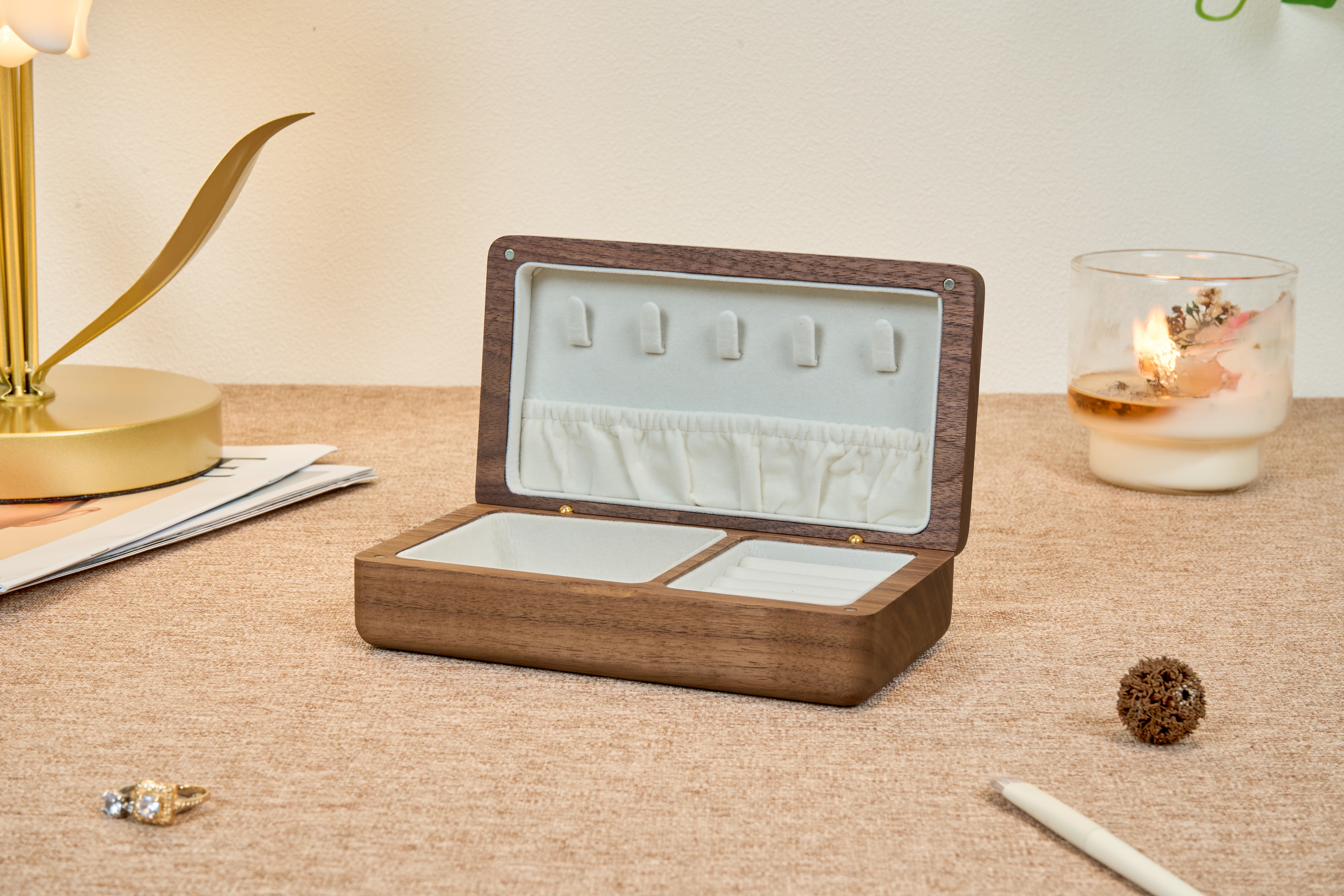 Compact Walnut Jewelry Box with Necklace Hooks & Ring Storage 7
