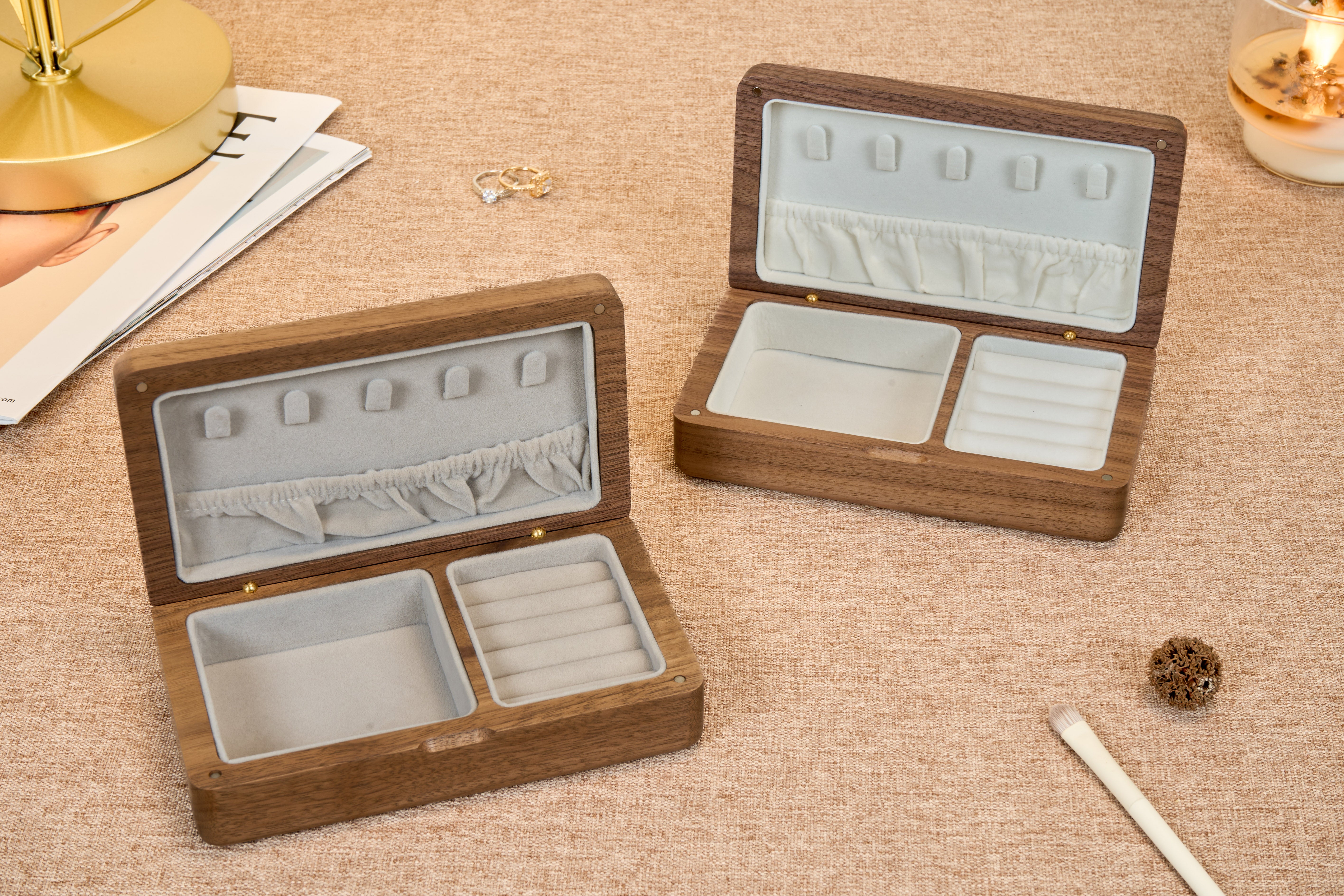Compact Walnut Jewelry Box with Necklace Hooks & Ring Storage 8