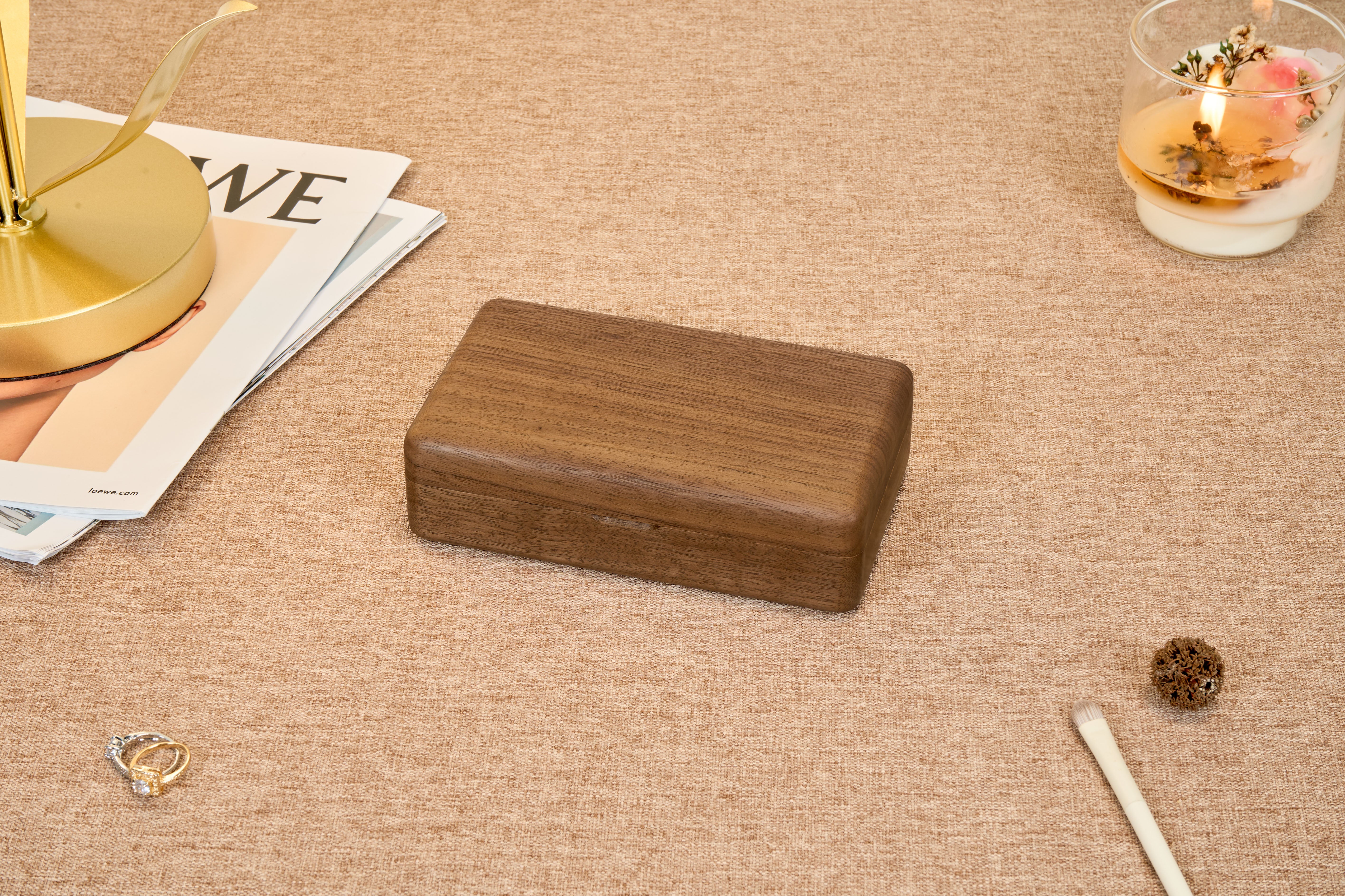 Compact Walnut Jewelry Box with Necklace Hooks & Ring Storage 11