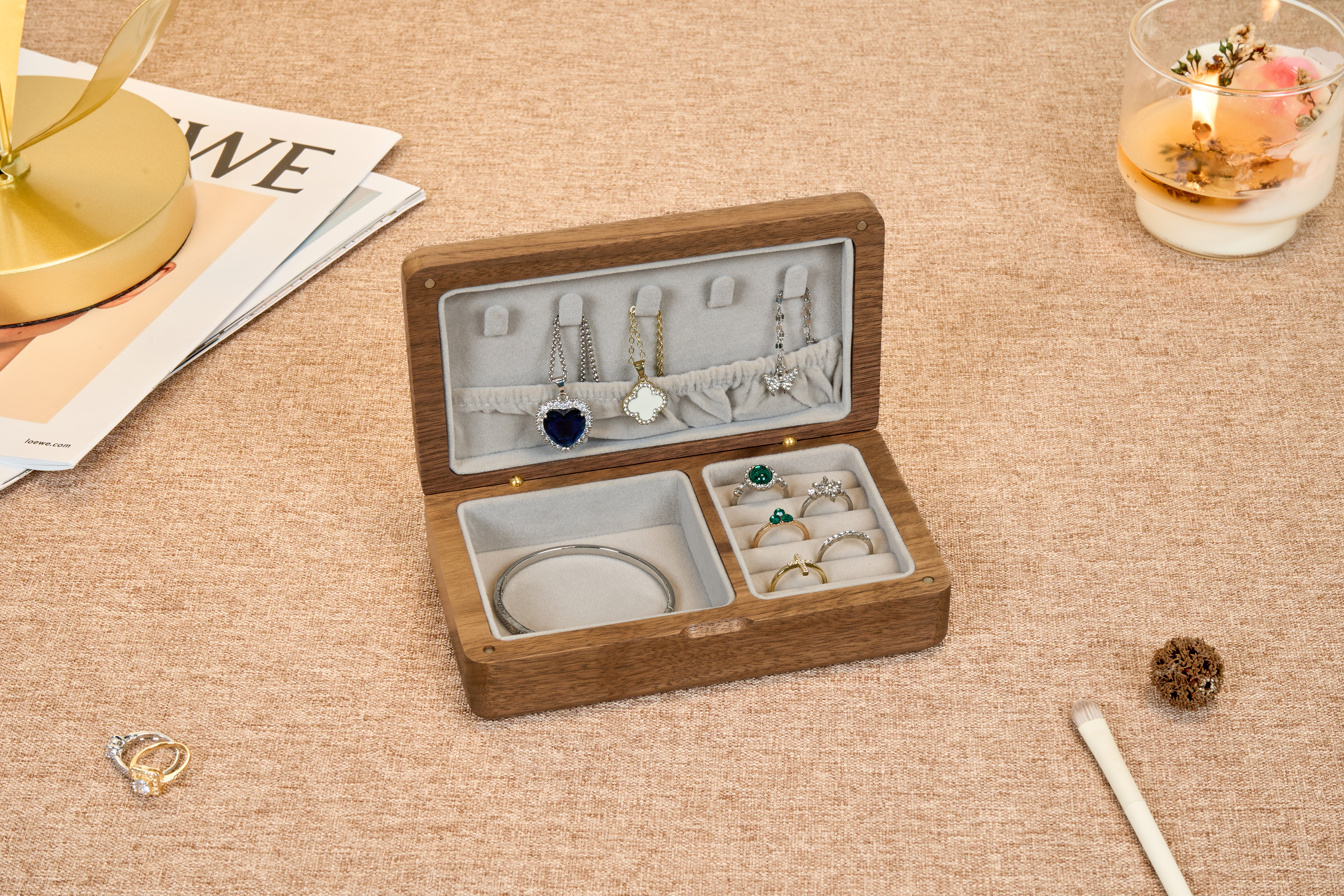Compact Walnut Jewelry Box with Necklace Hooks & Ring Storage 12