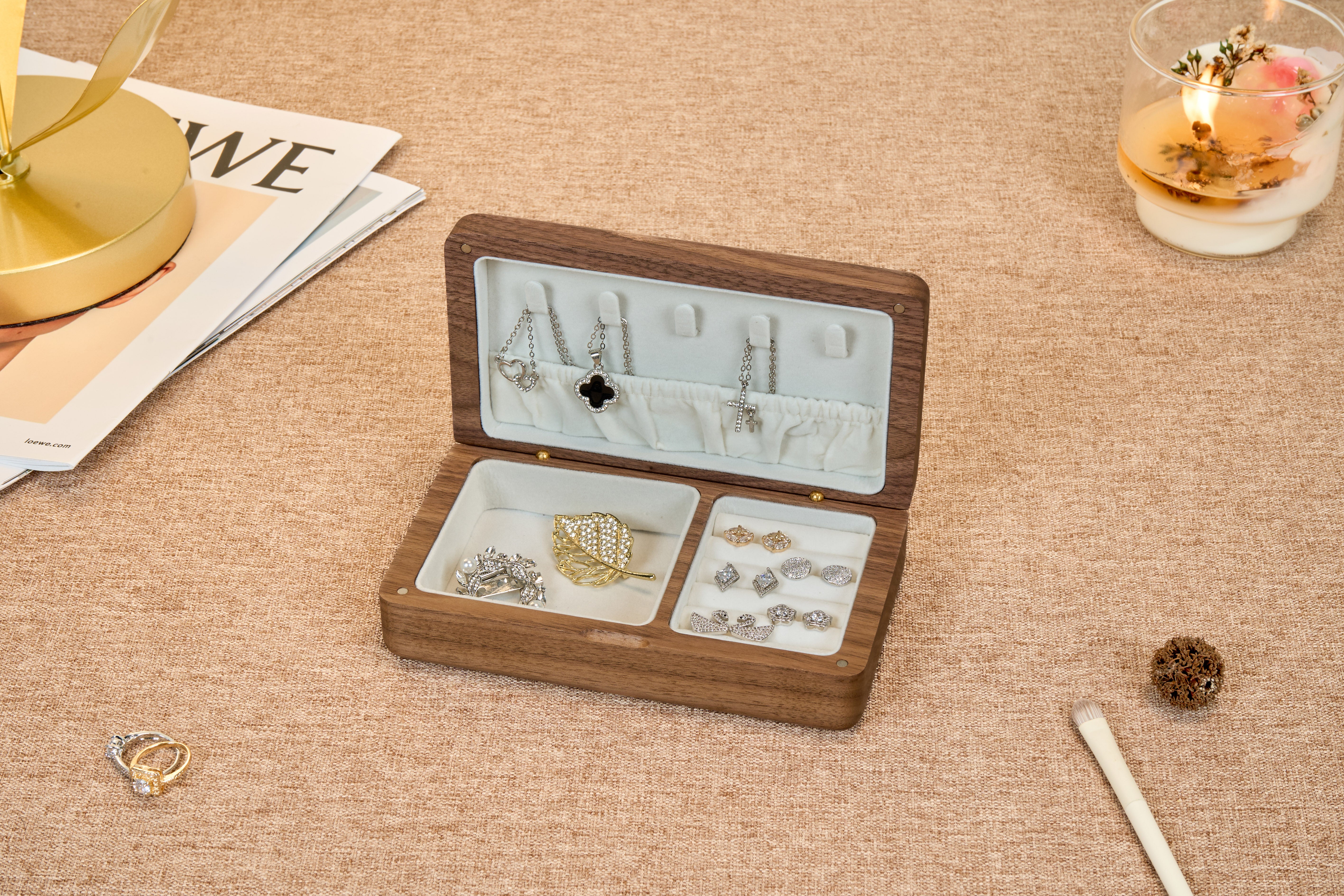 Compact Walnut Jewelry Box with Necklace Hooks & Ring Storage 13