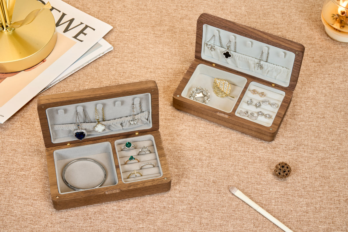 Compact Walnut Jewelry Box with Necklace Hooks & Ring Storage 14