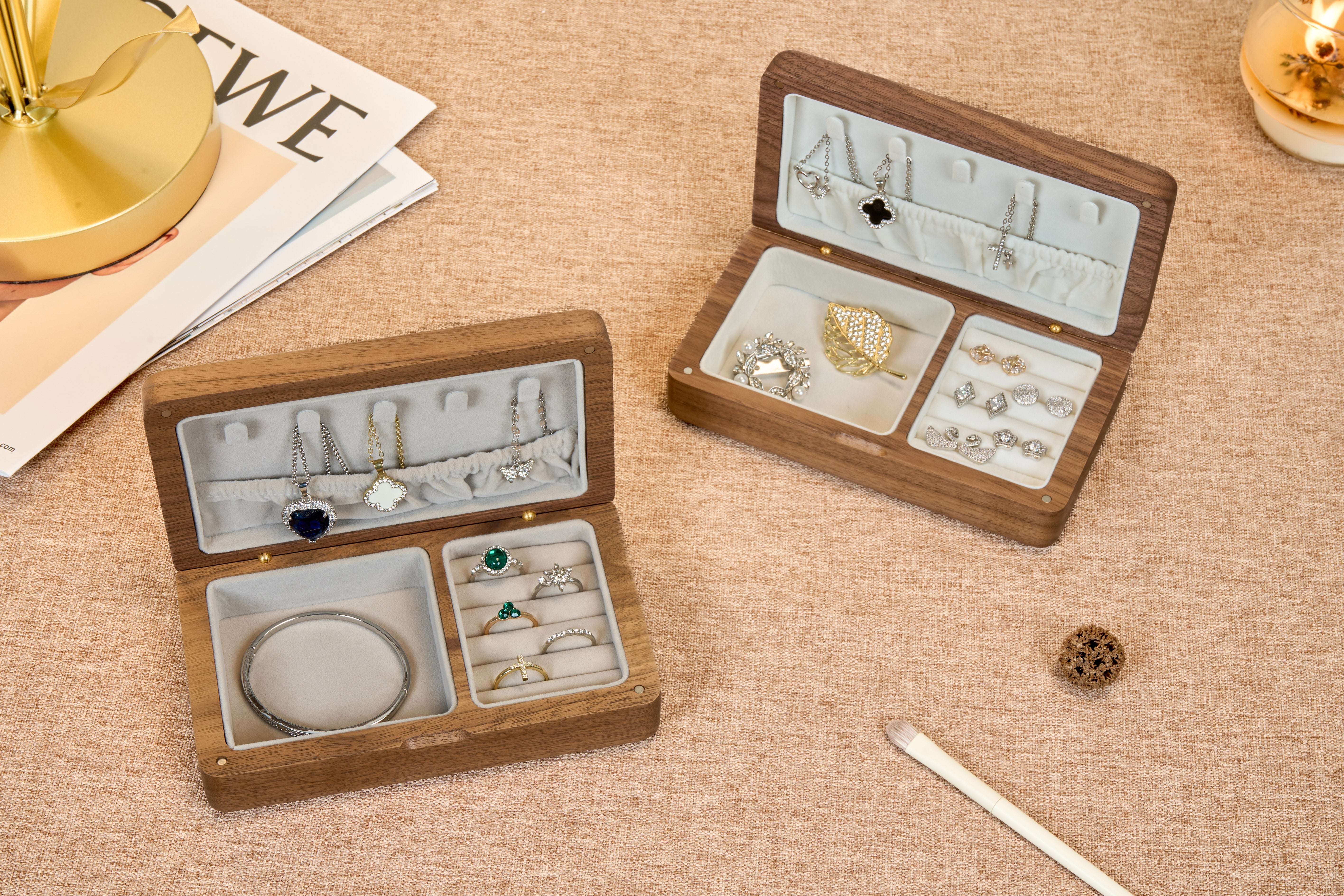 Compact Walnut Jewelry Box with Necklace Hooks & Ring Storage 14