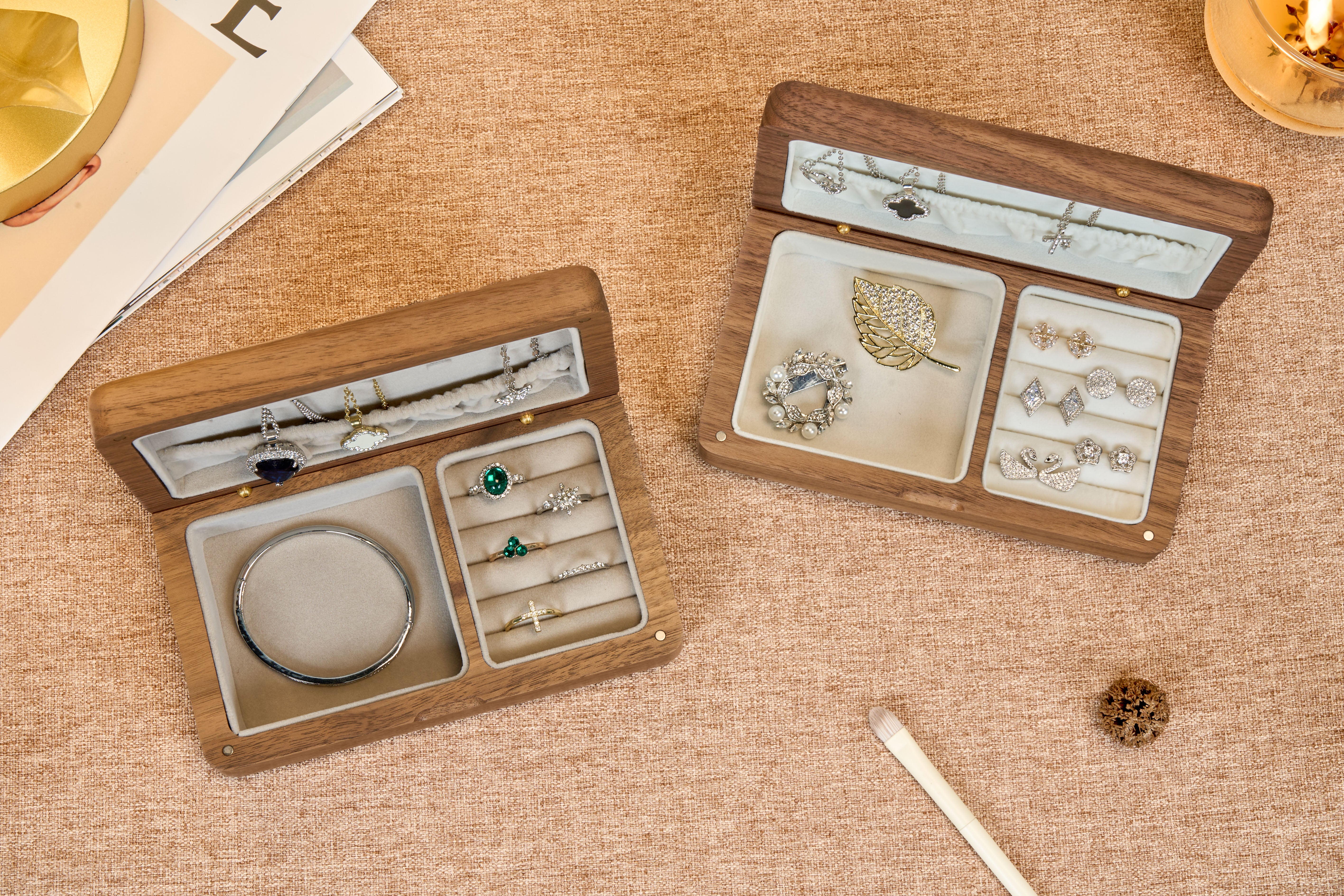Compact Walnut Jewelry Box with Necklace Hooks & Ring Storage 15