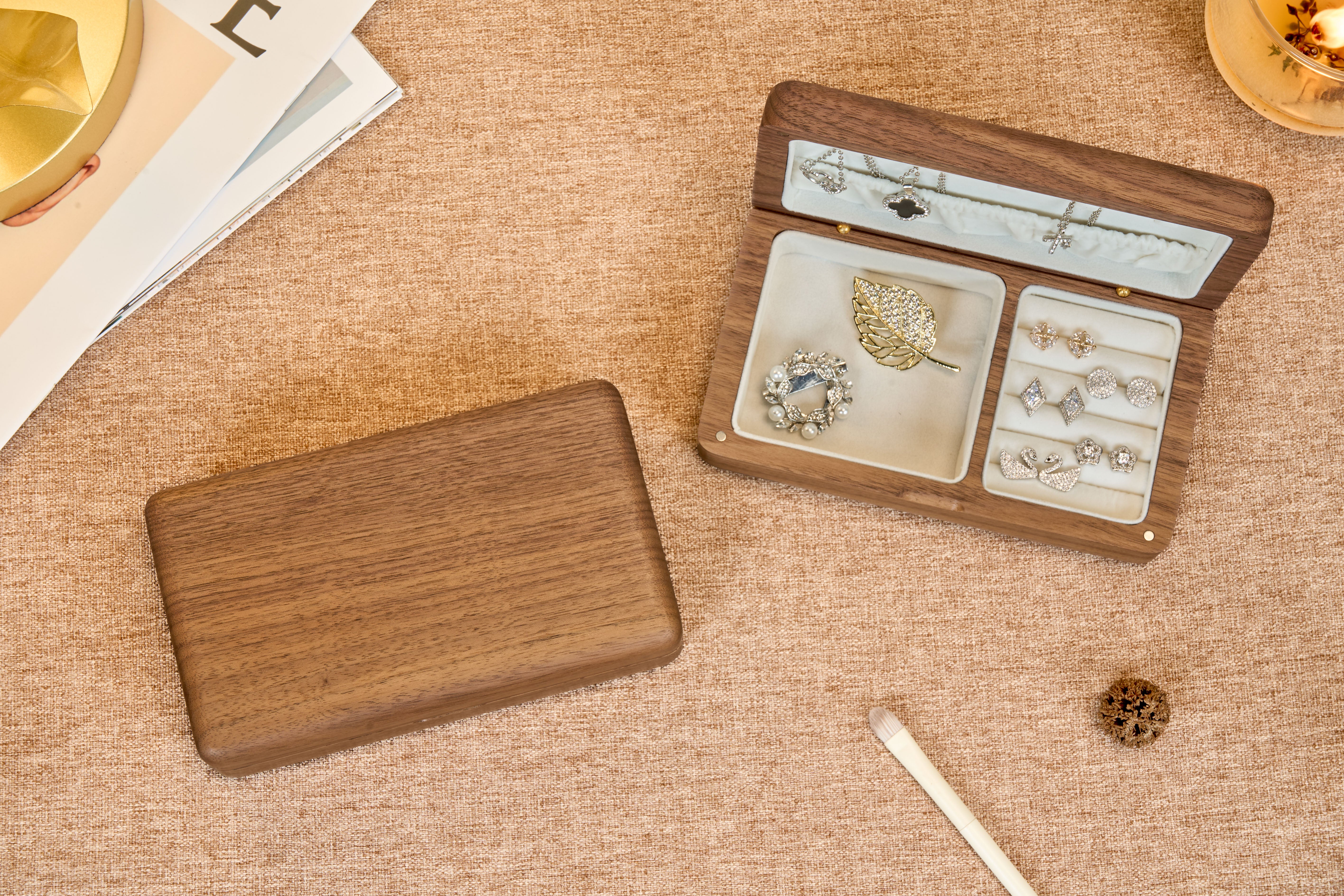 Compact Walnut Jewelry Box with Necklace Hooks & Ring Storage 16