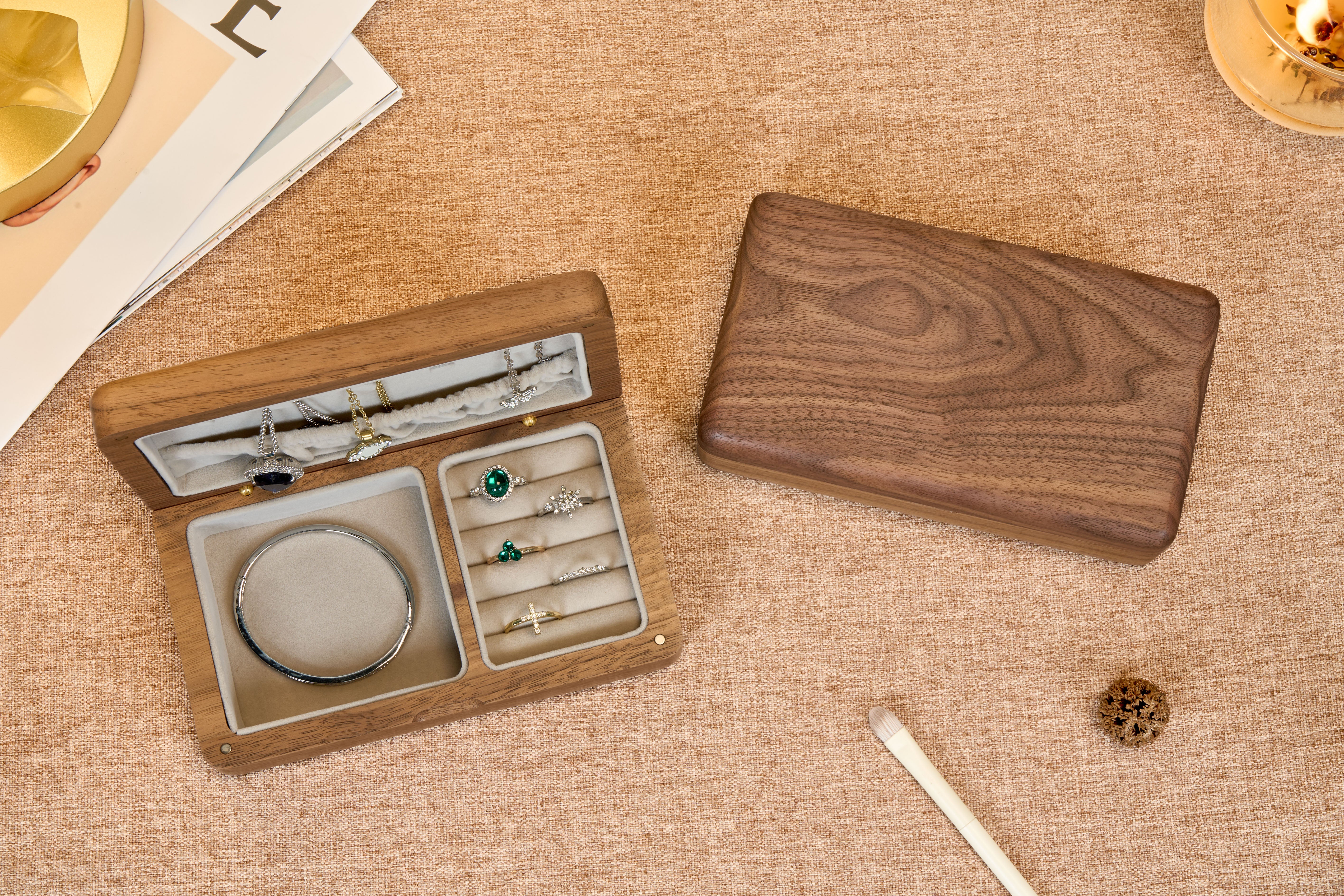 Compact Walnut Jewelry Box with Necklace Hooks & Ring Storage 17
