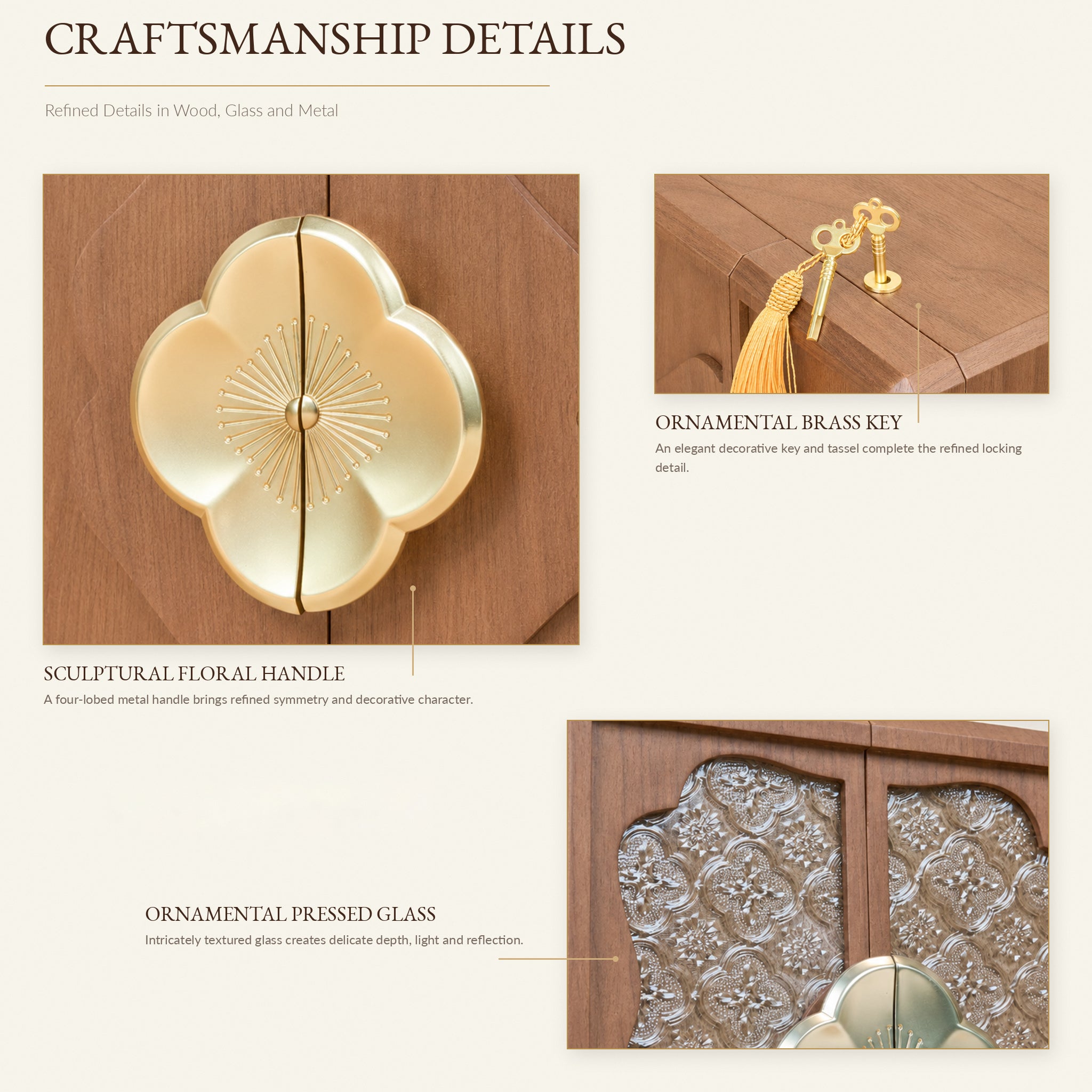 Lockable Walnut Jewelry Cabinet with Flower Hardware & 5 Drawers