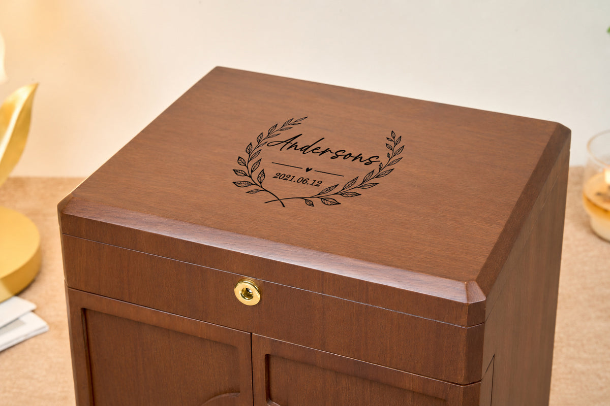 Lockable Walnut Jewelry Cabinet with 5 Drawers & Double Doors 35