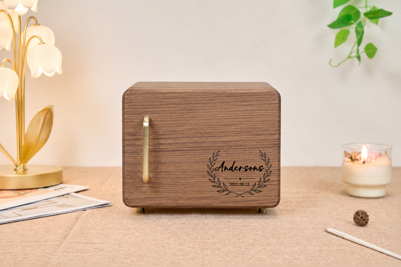 Personalized Walnut Jewelry Cabinet with 4 Drawers & Hooks