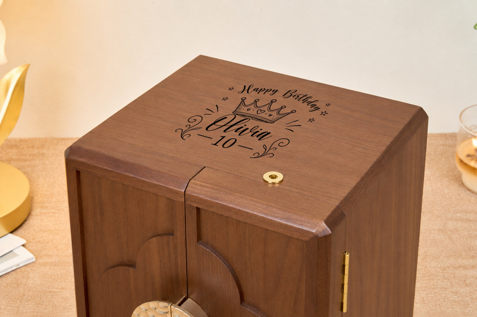 Lockable Walnut Jewelry Cabinet with 5 Drawers & Double Doors 36