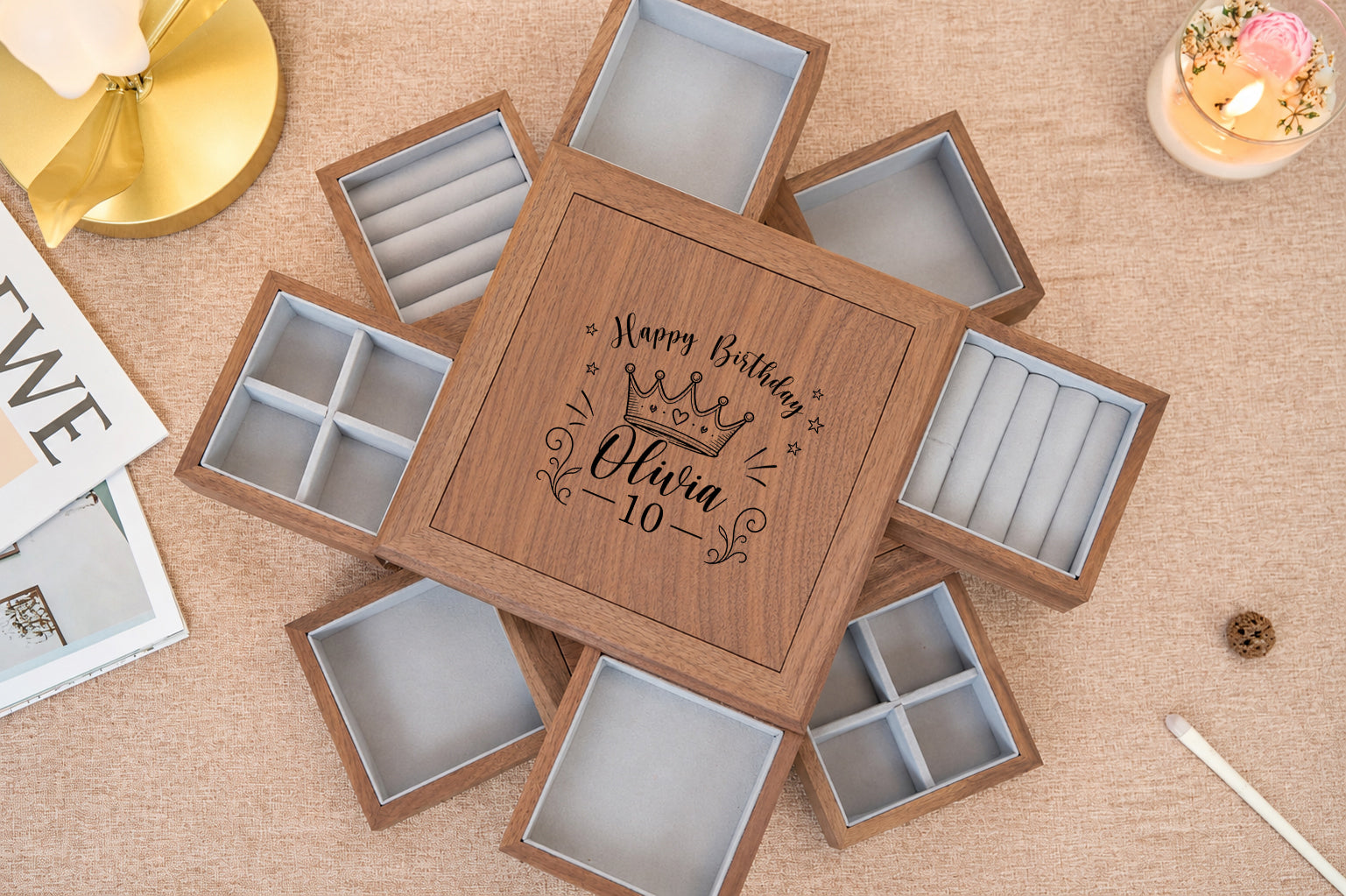 4-Drawer Walnut Jewelry Box with Ring, Watch & Earring Trays