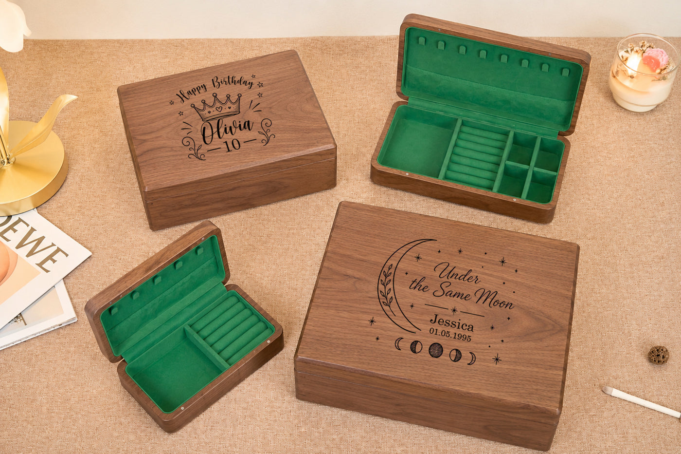 Walnut Jewelry Box with Green Lining, Necklace Hooks & Ring Tray