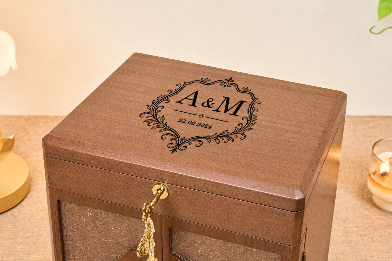 Lockable Walnut Jewelry Cabinet with Double Doors & 5 Drawers