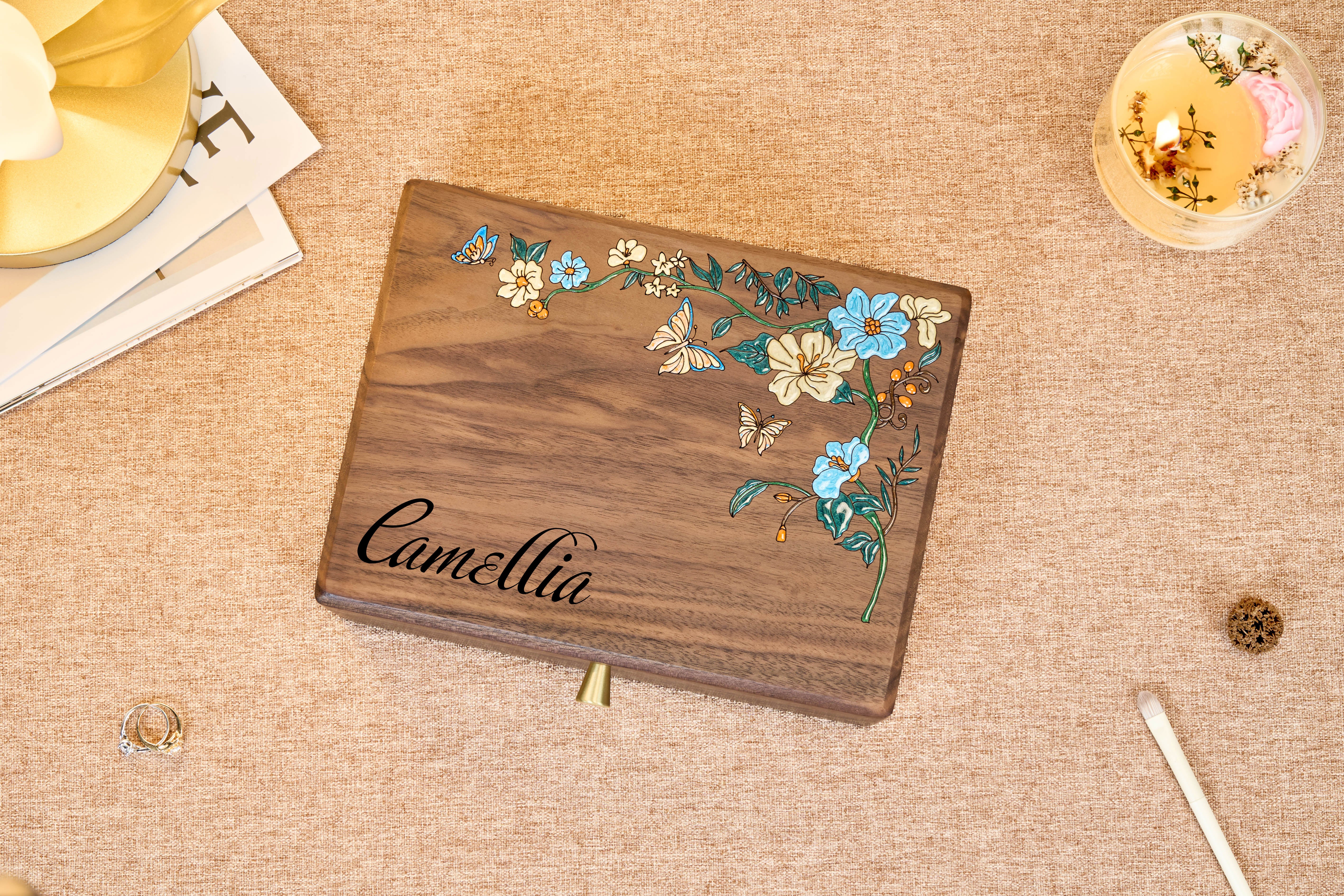 Two-Tier Walnut Jewelry Box with Removable Tray & Hooks 18
