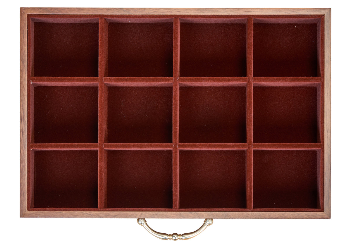 6-Drawer Walnut Jewelry Cabinet with Decorative Glass Top 26