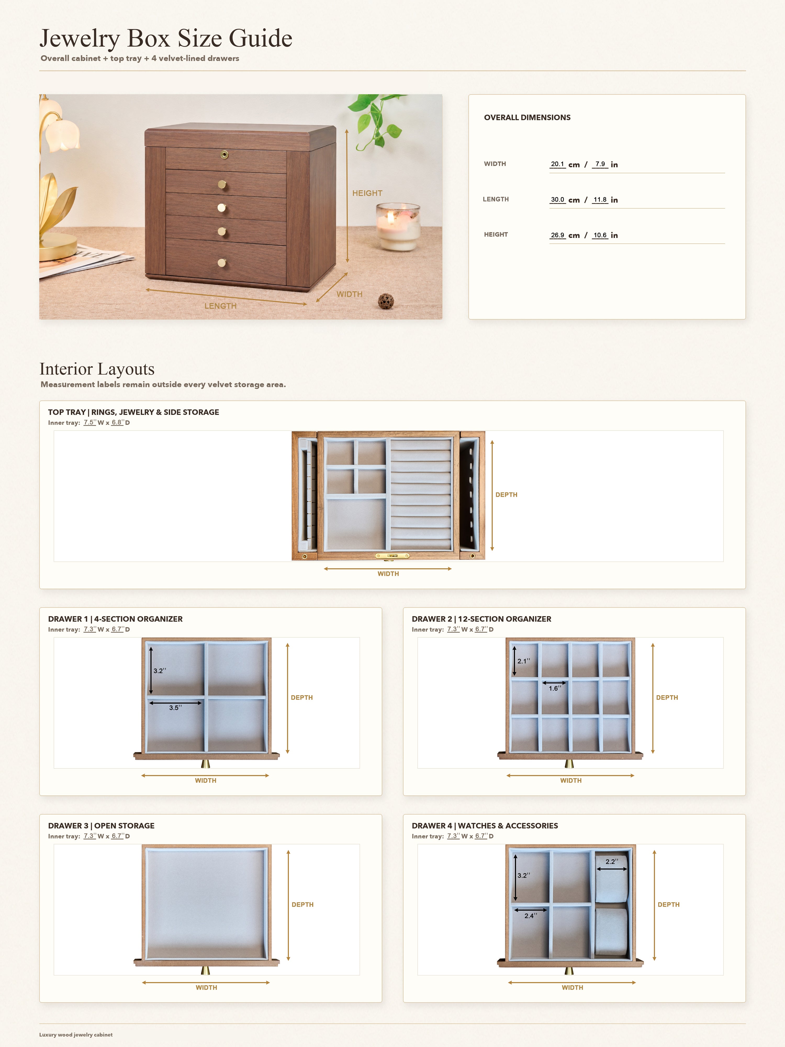Lockable Walnut Jewelry Box with Mirror, Side Doors & 4 Drawers