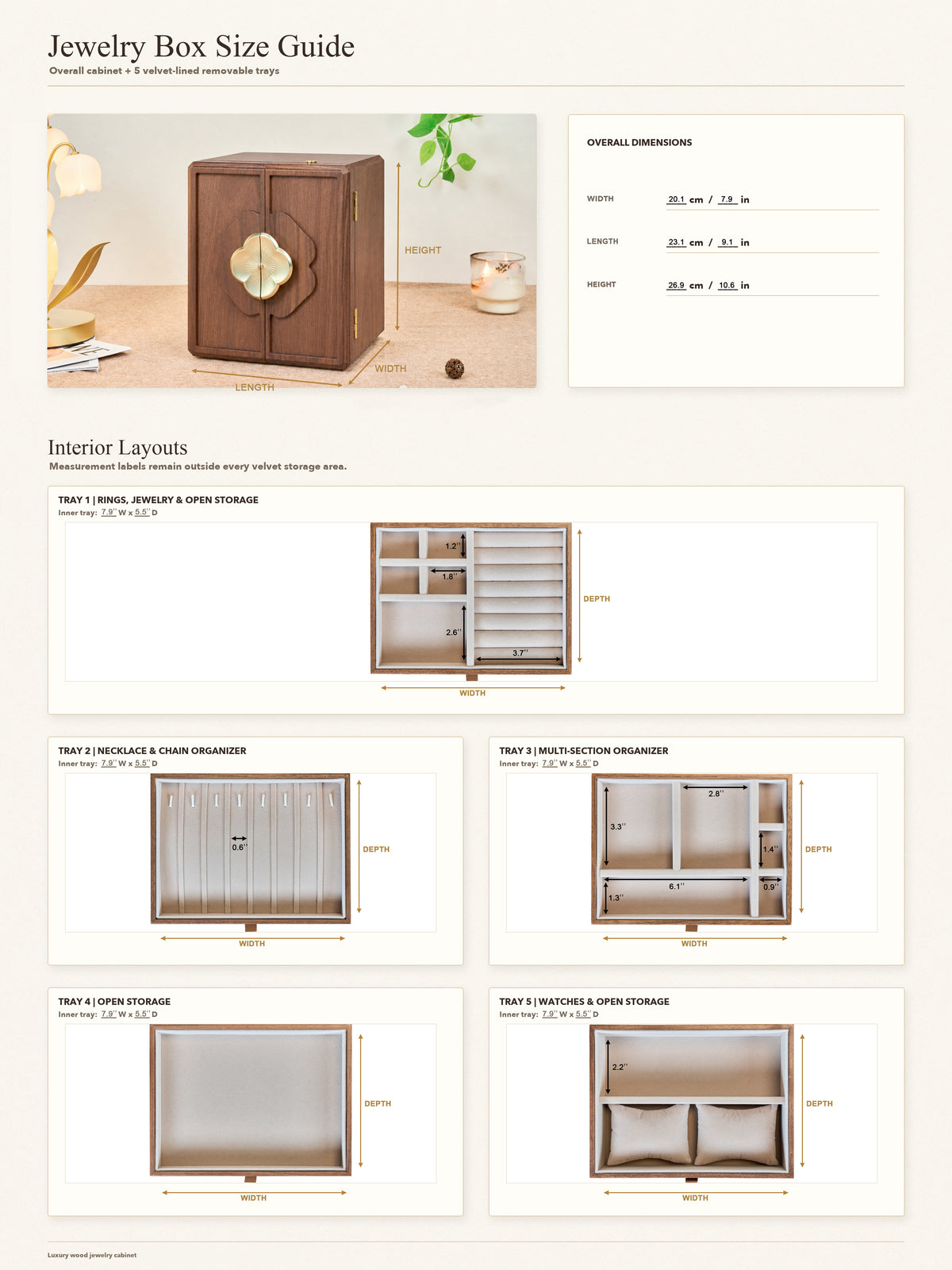 Lockable Walnut Jewelry Cabinet with Flower Hardware & 5 Drawers