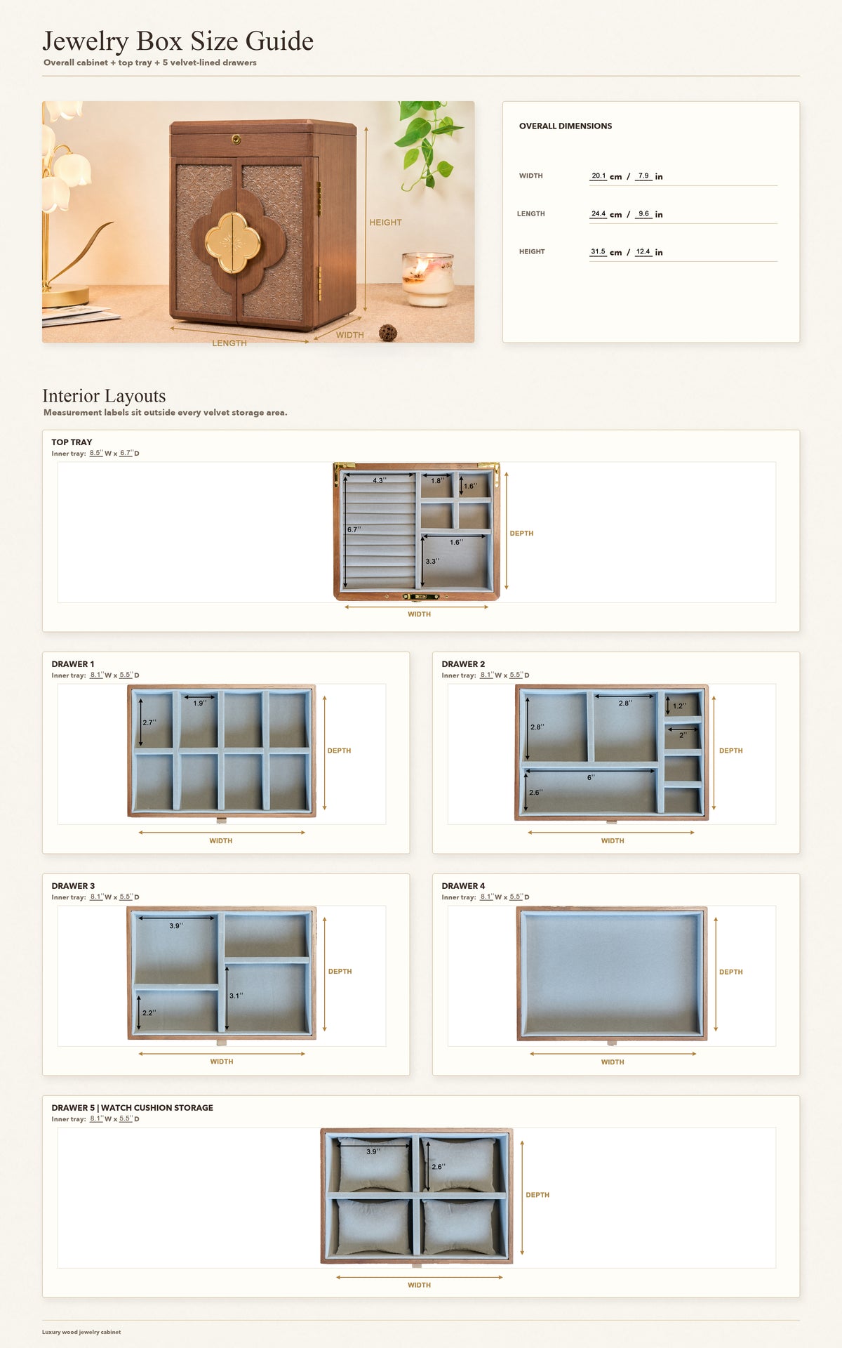Lockable Walnut Jewelry Cabinet with Double Doors & 5 Drawers