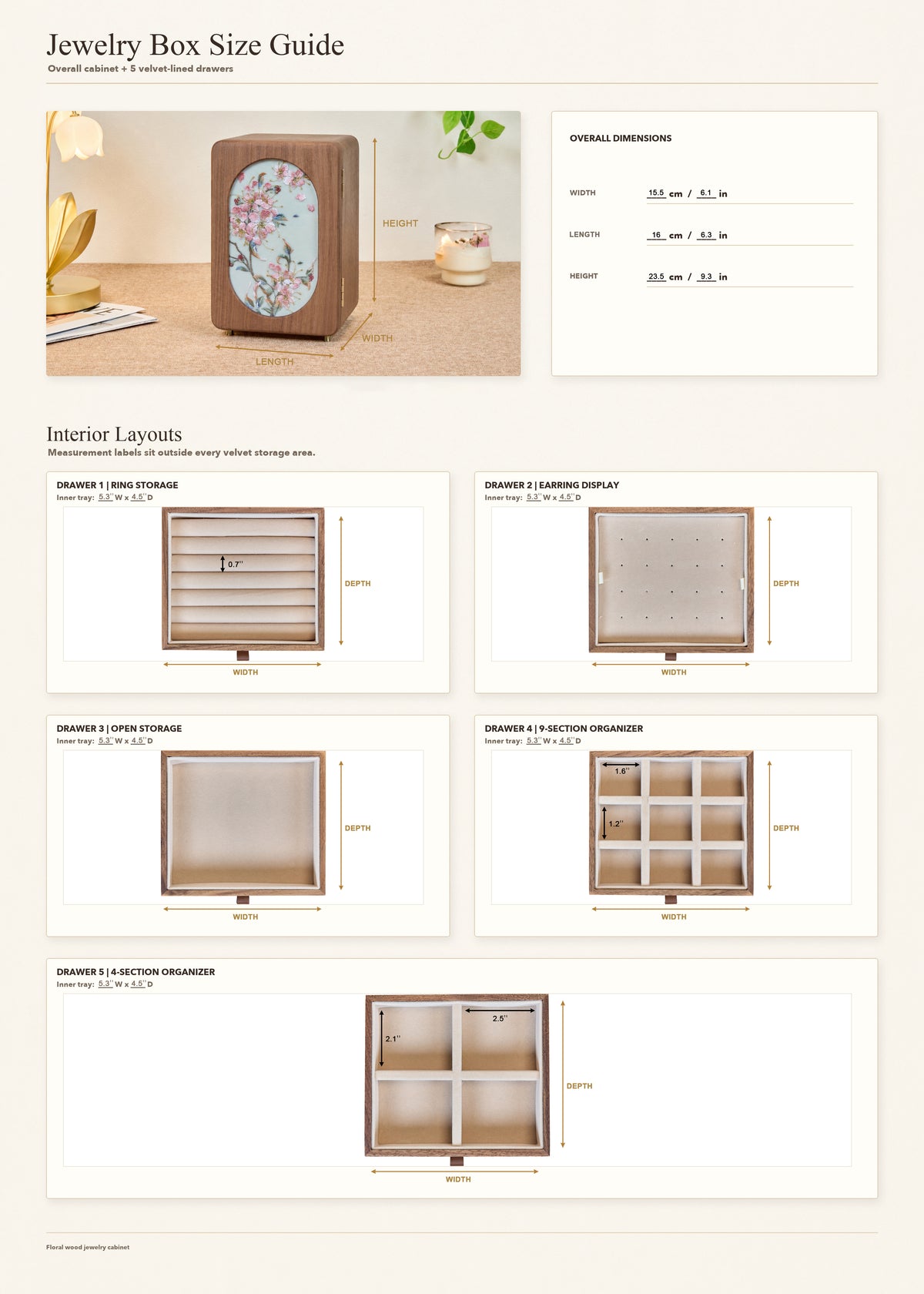 Floral Walnut Jewelry Cabinet with 5 Drawers & Necklace Hooks