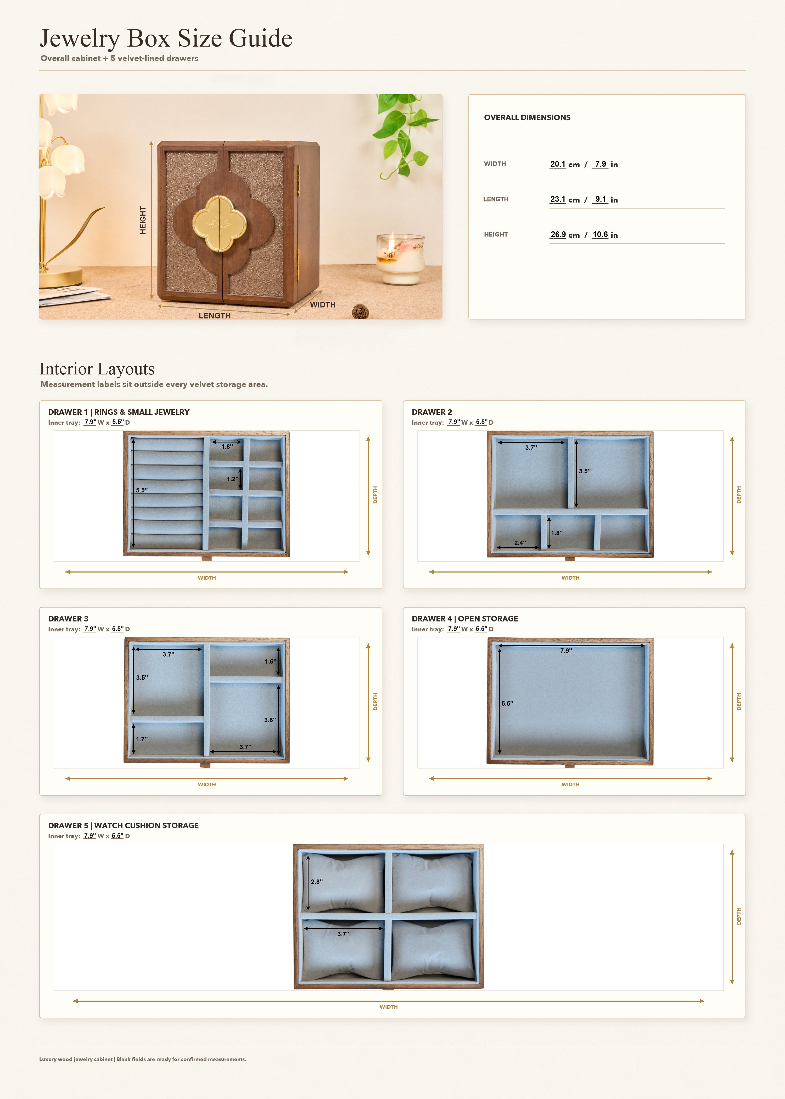 Lockable Walnut Jewelry Cabinet with Double Doors & 5 Drawers