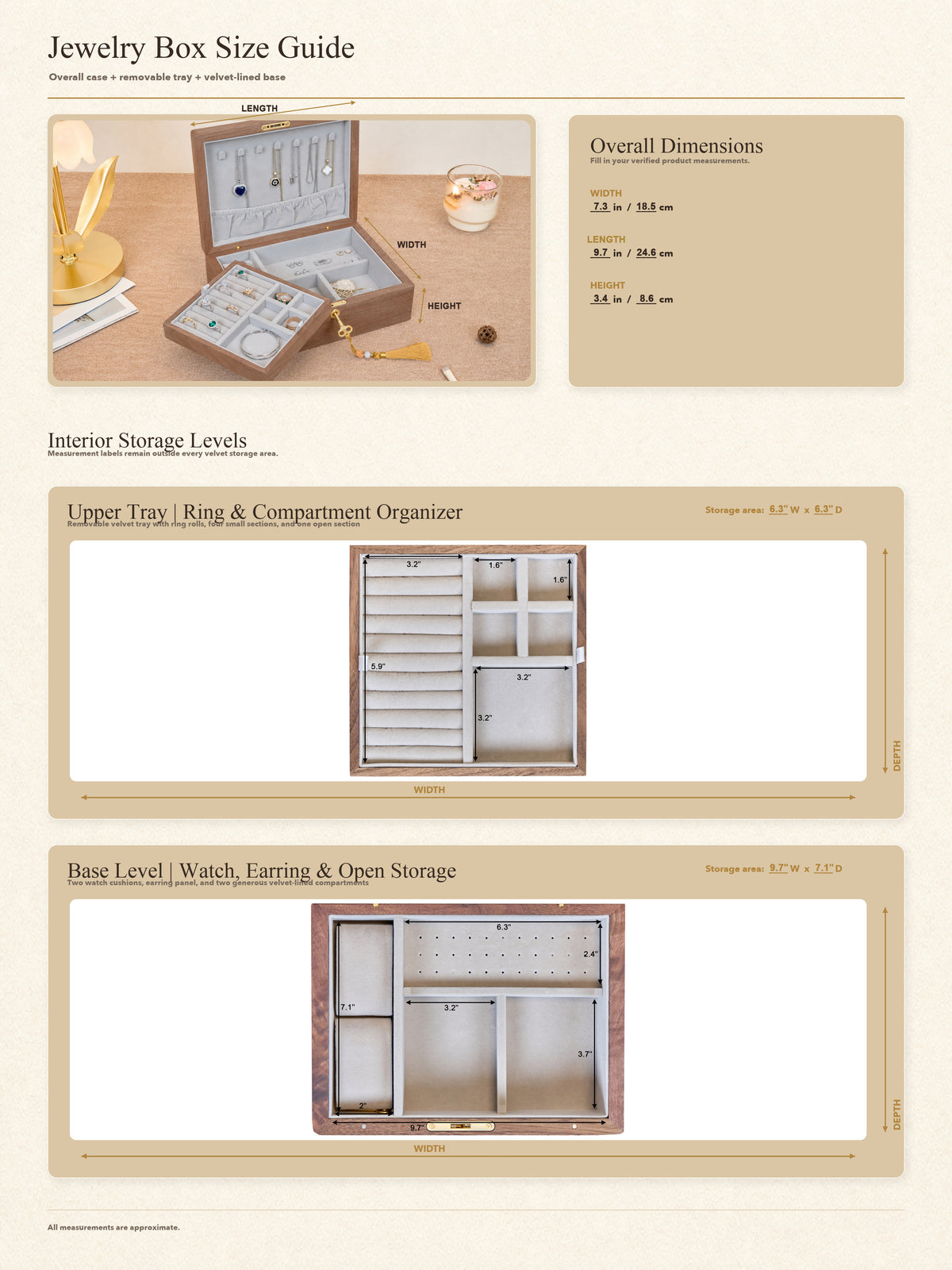 Lockable Walnut Jewelry Box with Necklace Hooks & Ring Storage