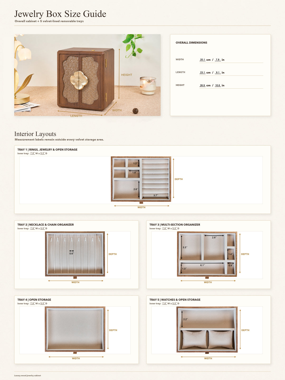 Lockable Walnut Jewelry Cabinet with Flower Hardware & 5 Drawers