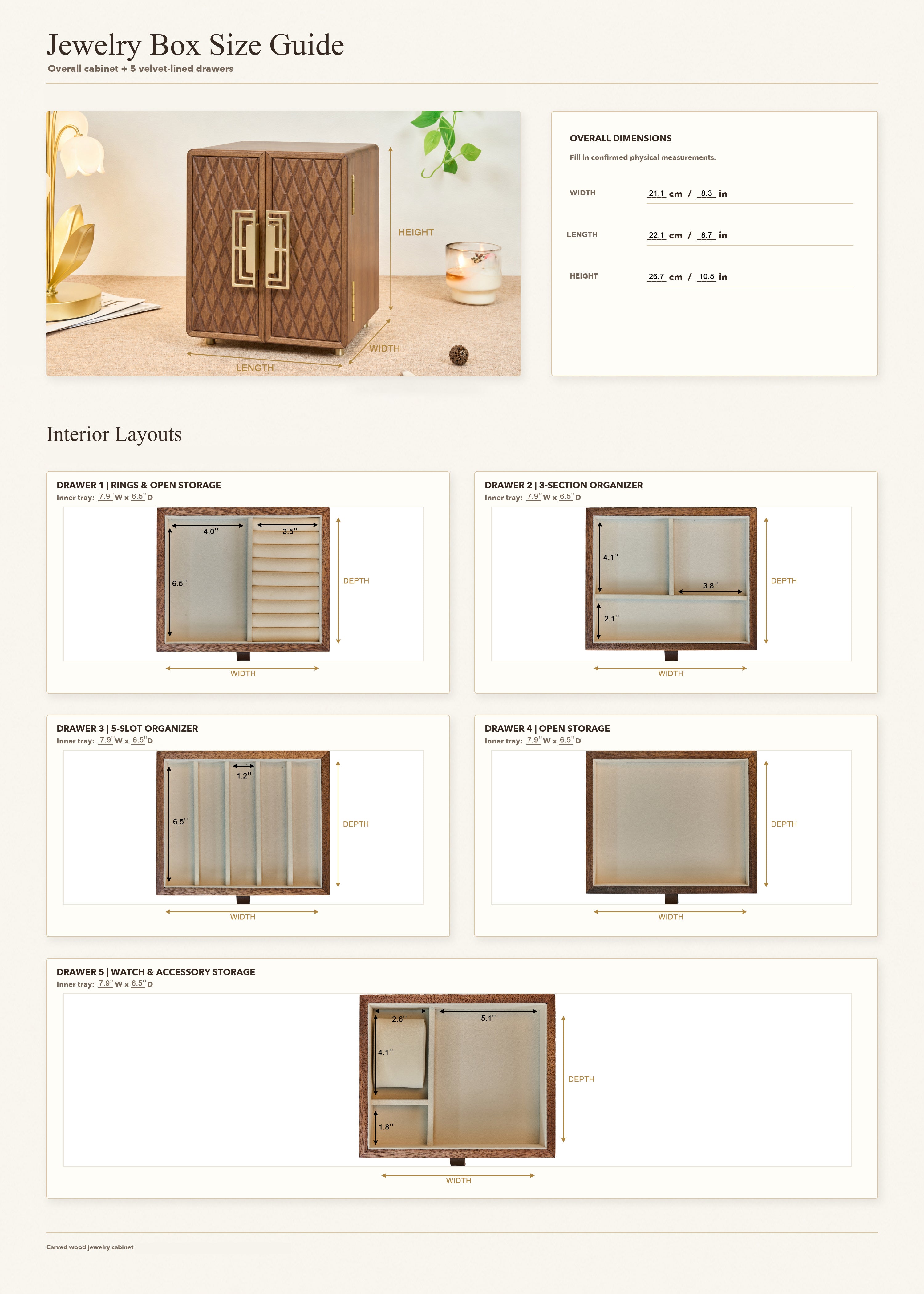 5-Drawer Walnut Jewelry Cabinet with Geometric or Vertical Stripe Doors