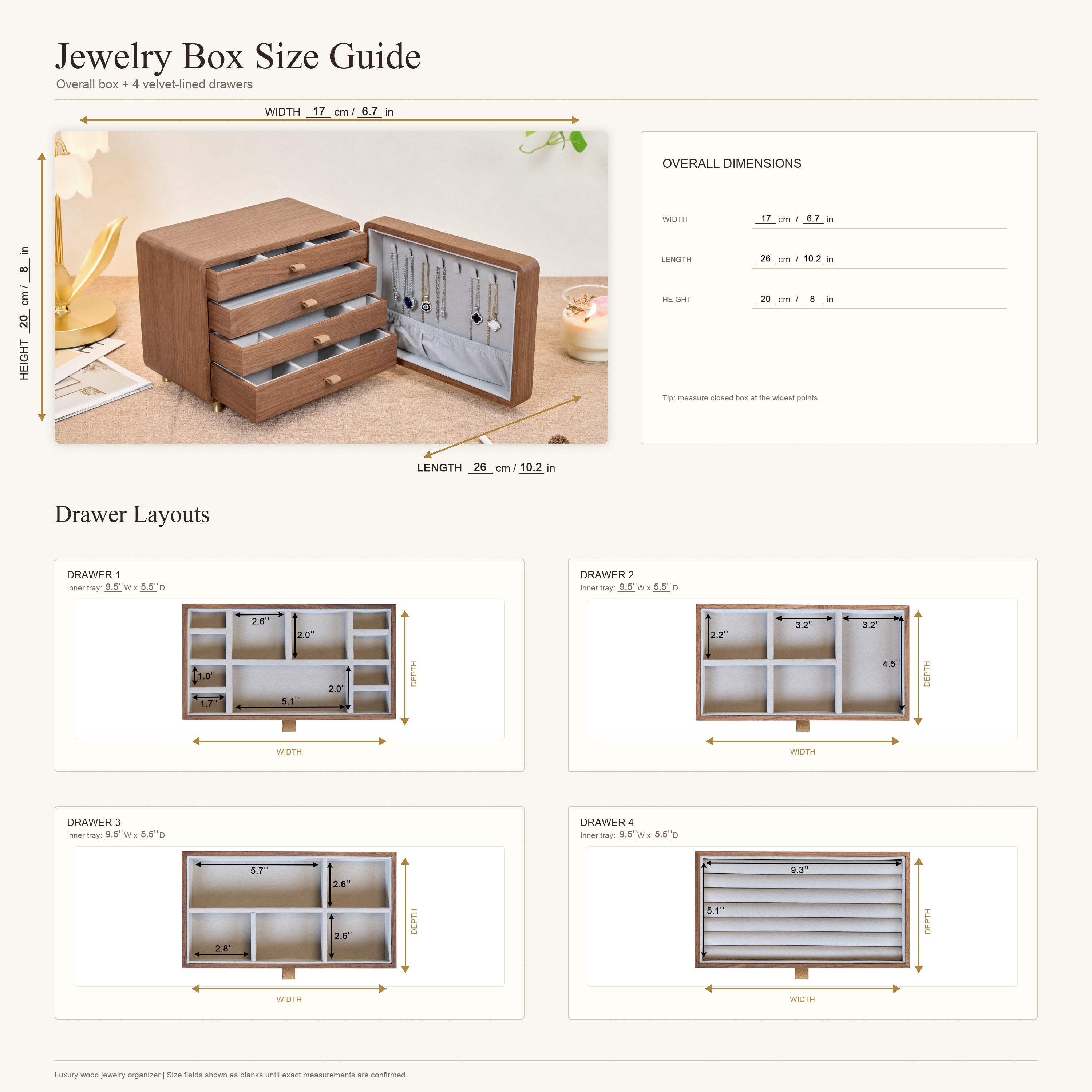 Personalized Walnut Jewelry Cabinet with 4 Drawers & Hooks