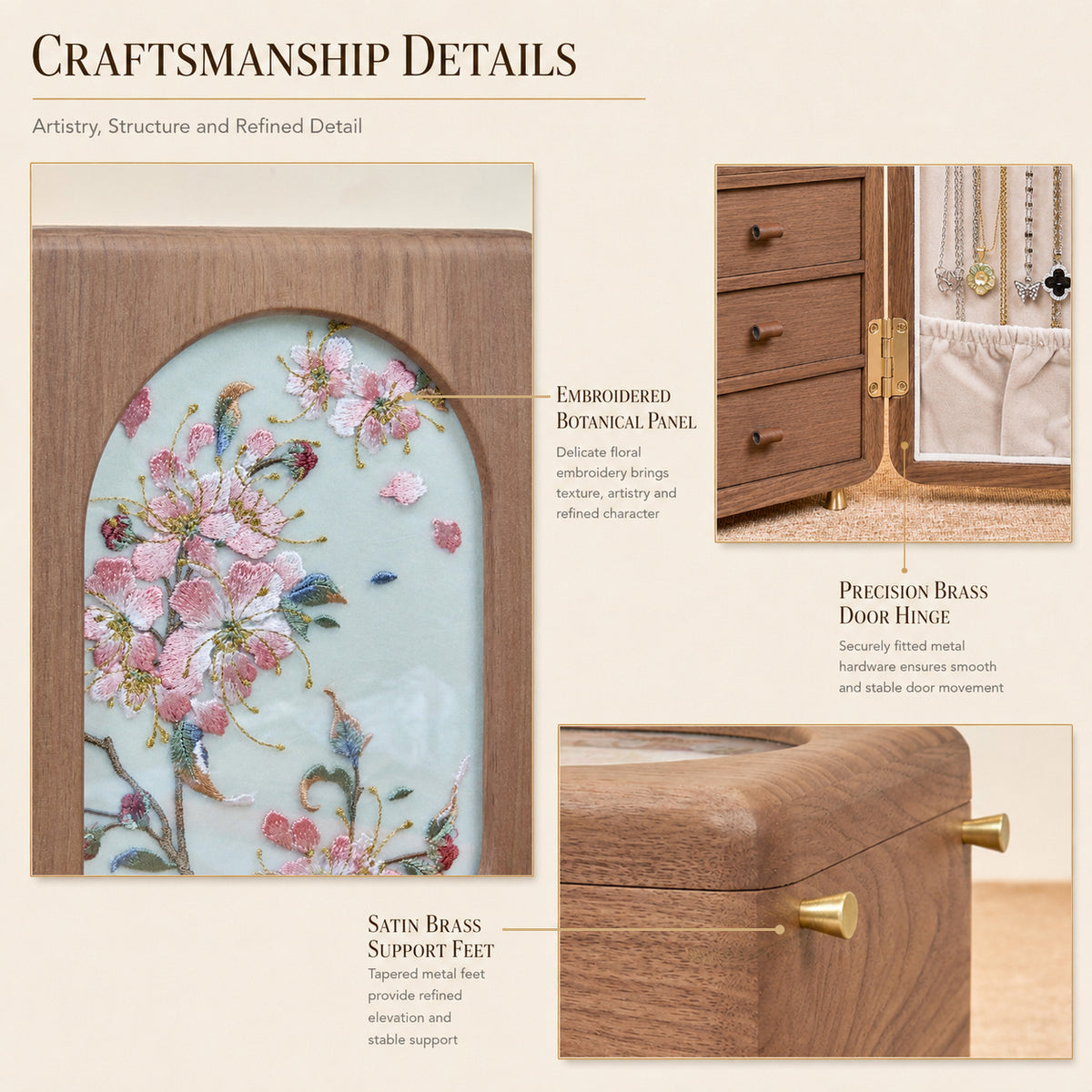 Floral Walnut Jewelry Cabinet with 5 Drawers & Necklace Hooks