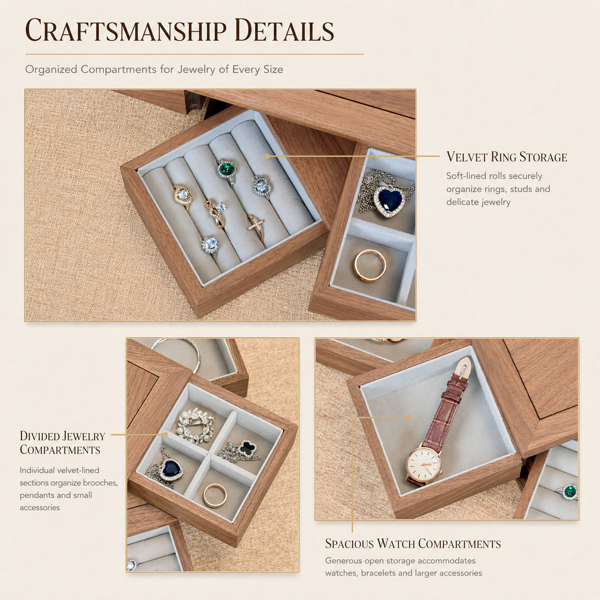 Rotated Walnut Jewelry Box for Rings, Watches & Earrings