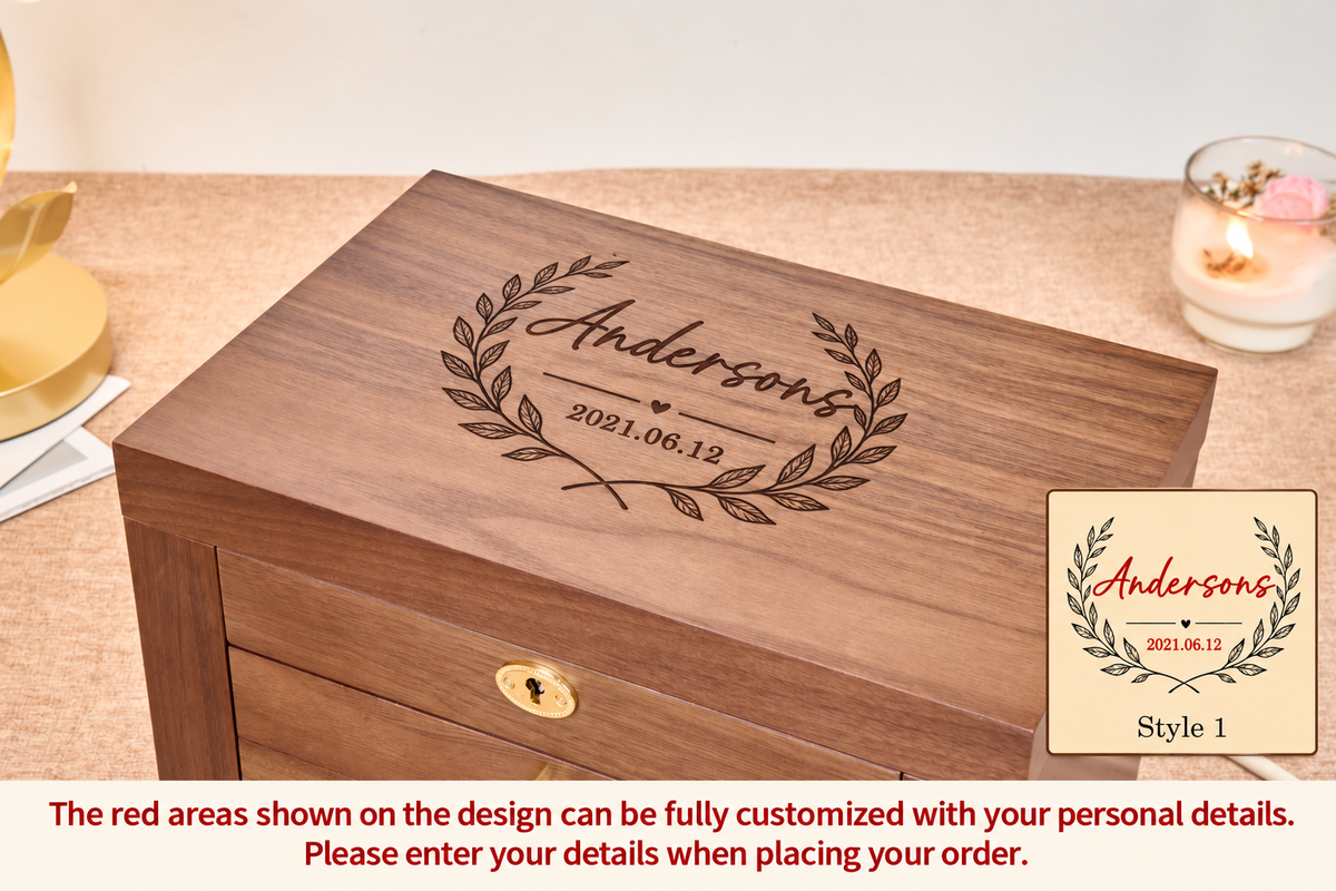 Lockable Walnut Jewelry Box with Lift-Top Mirror, Side Doors & Multiple Drawers