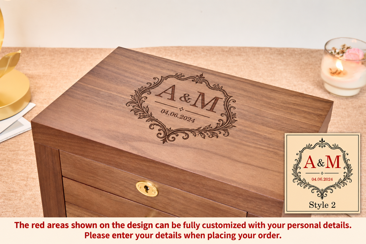 Lockable Walnut Jewelry Box with Lift-Top Mirror, Side Doors & Multiple Drawers