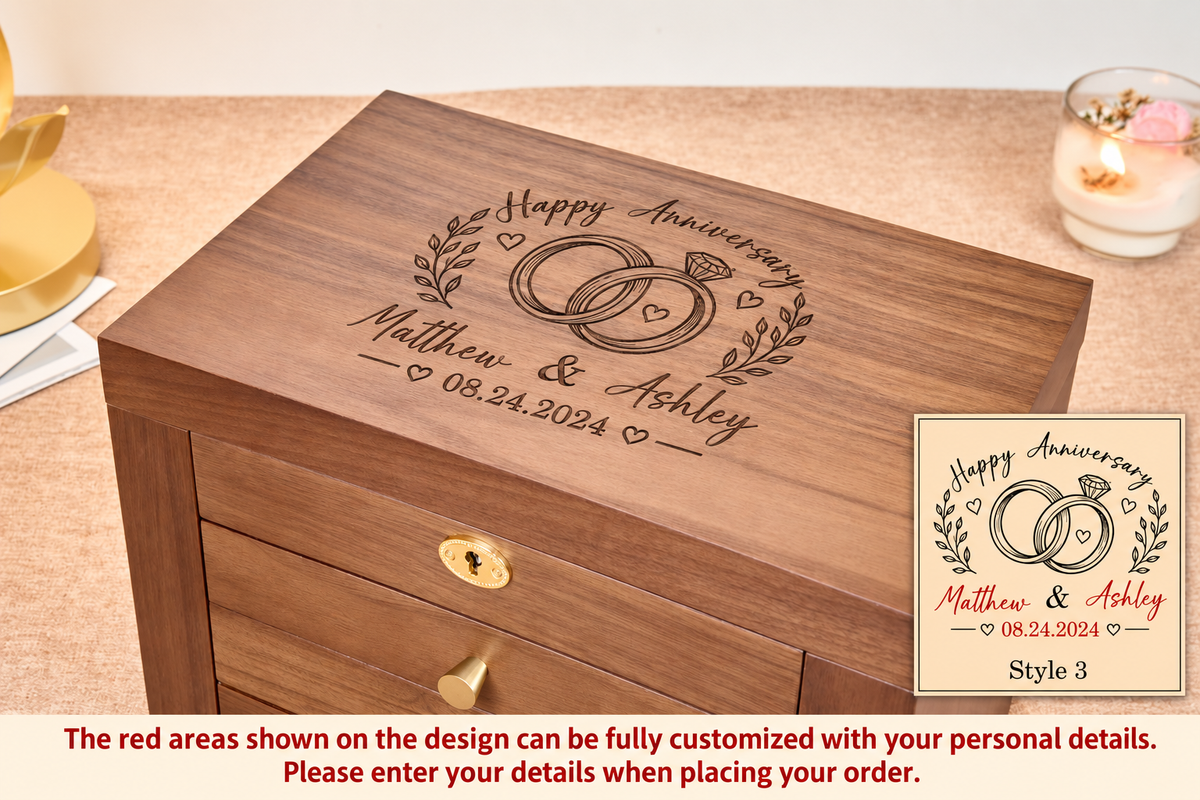 Lockable Walnut Jewelry Box with Lift-Top Mirror, Side Doors & Multiple Drawers