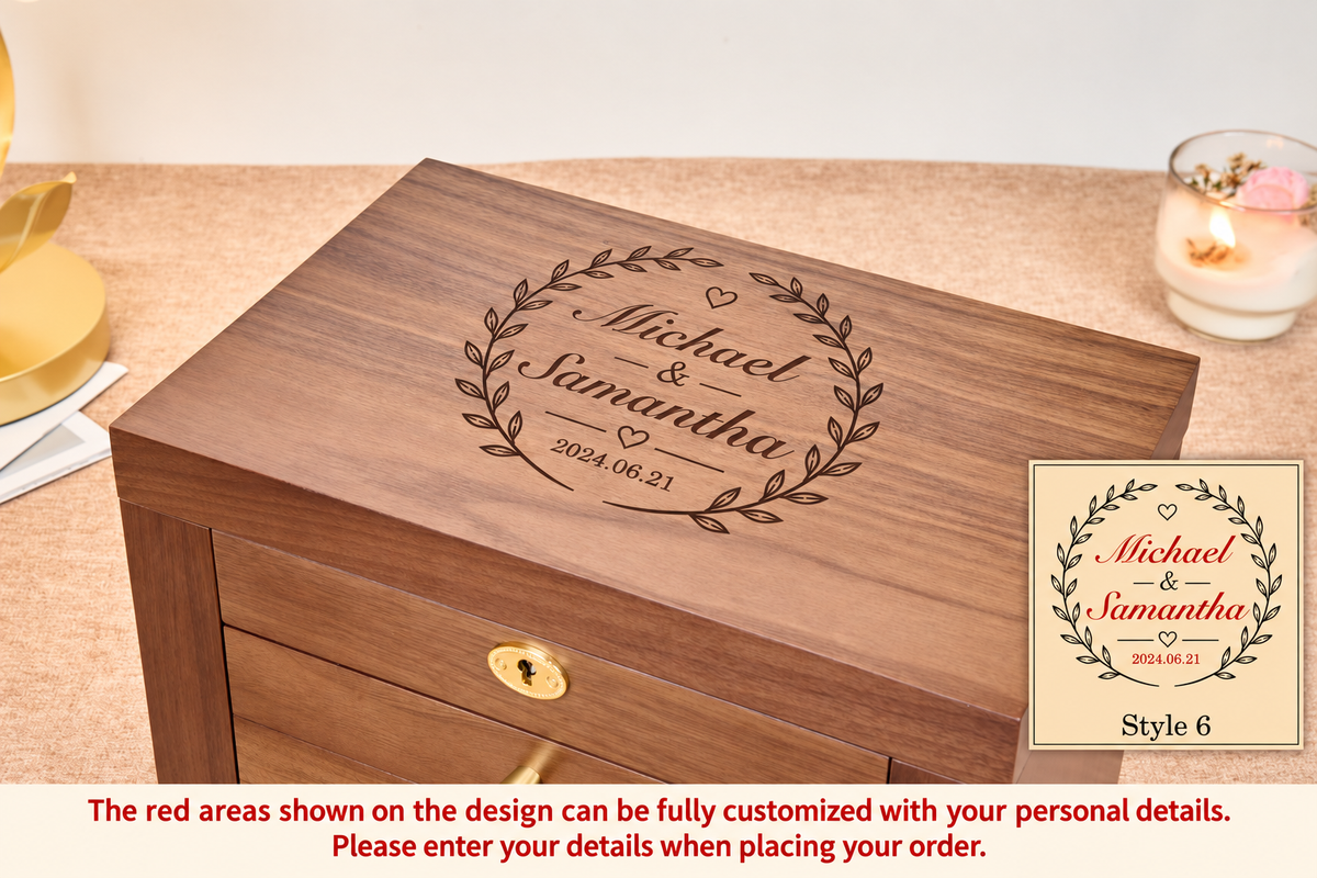 Lockable Walnut Jewelry Box with Lift-Top Mirror, Side Doors & Multiple Drawers