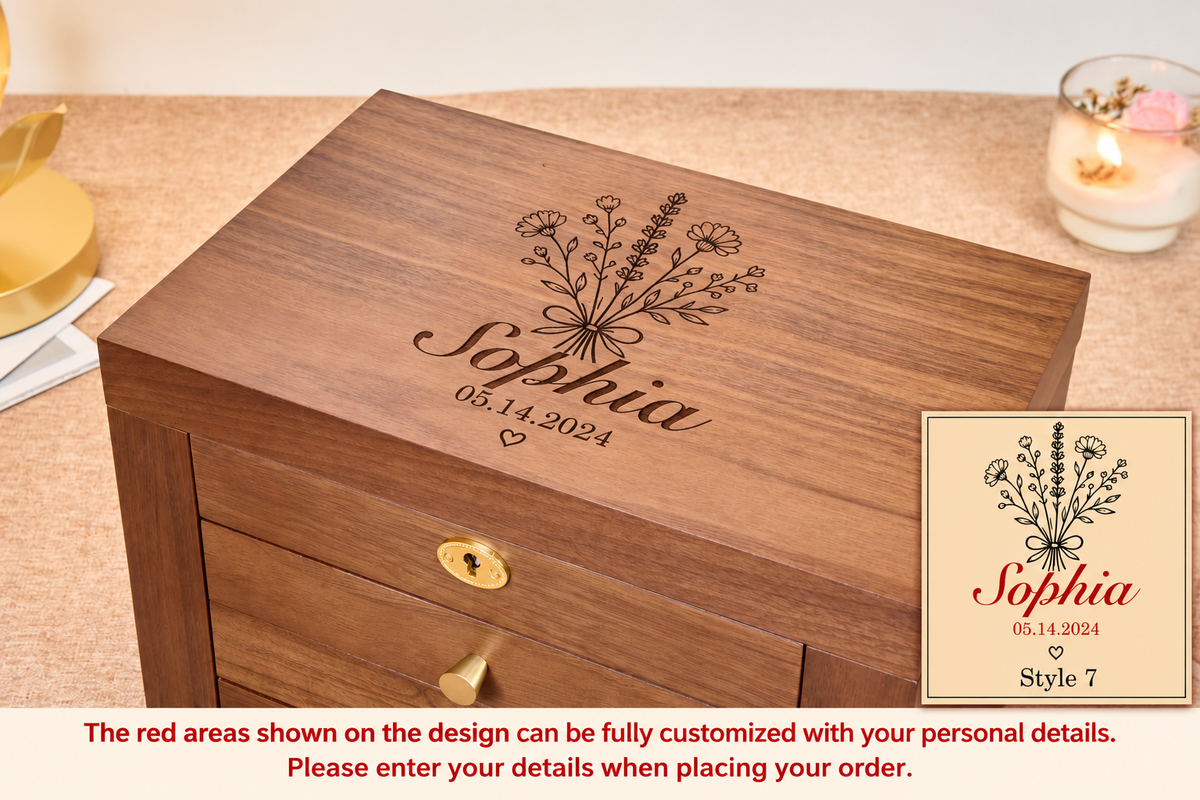 Lockable Walnut Jewelry Box with Lift-Top Mirror, Side Doors & Multiple Drawers