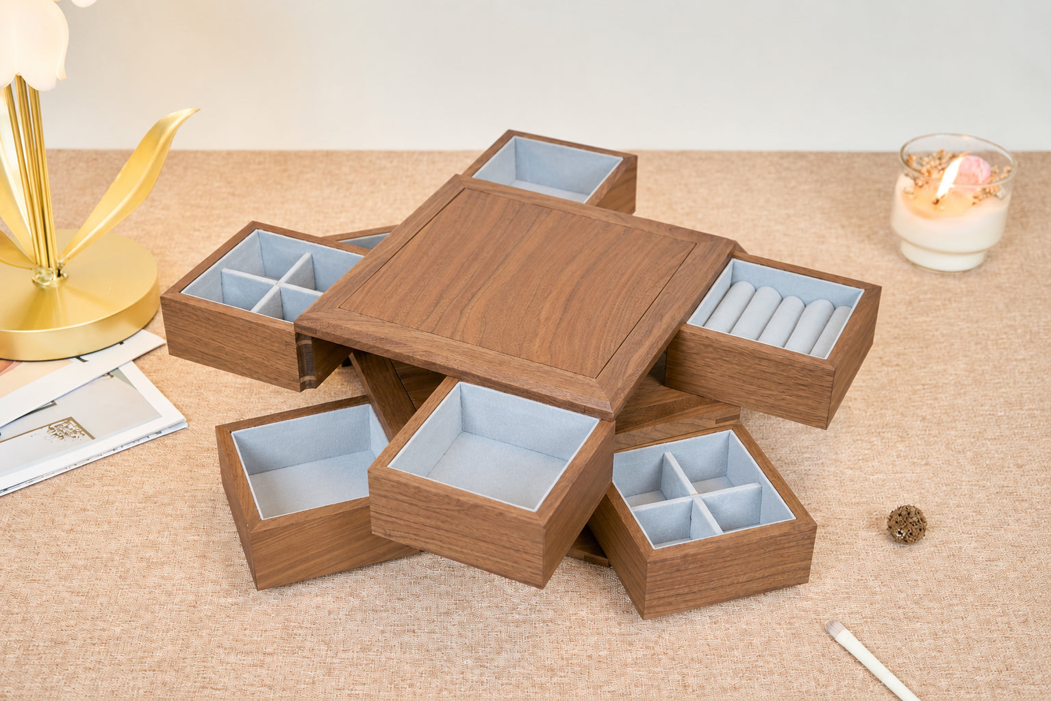 Rotating walnut jewelry box