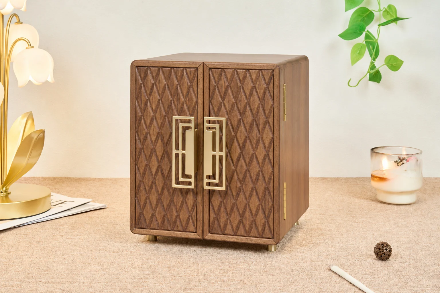 Geometric walnut jewelry cabinet