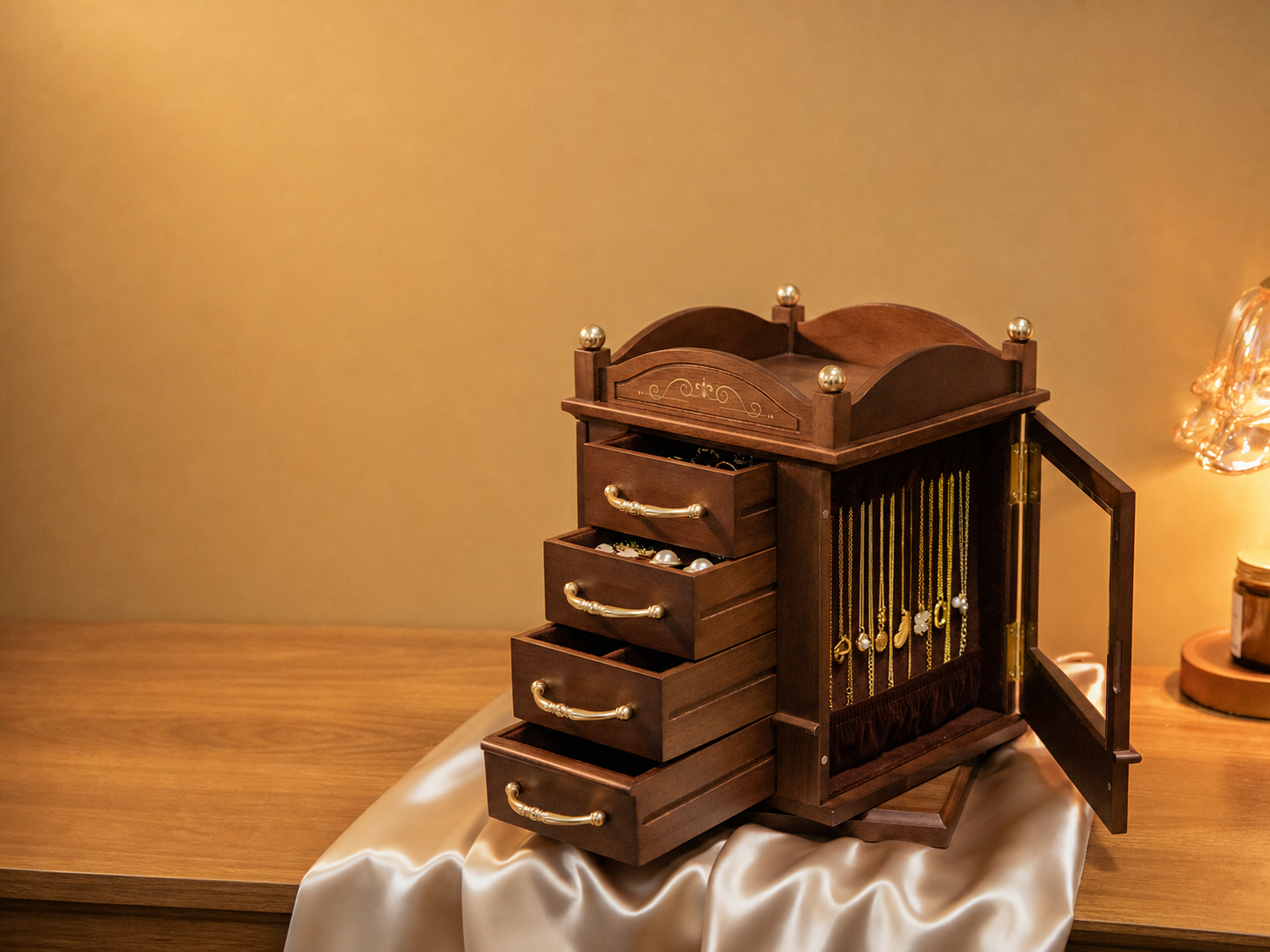 Warm walnut jewelry storage for necklaces, rings, watches and everyday pieces