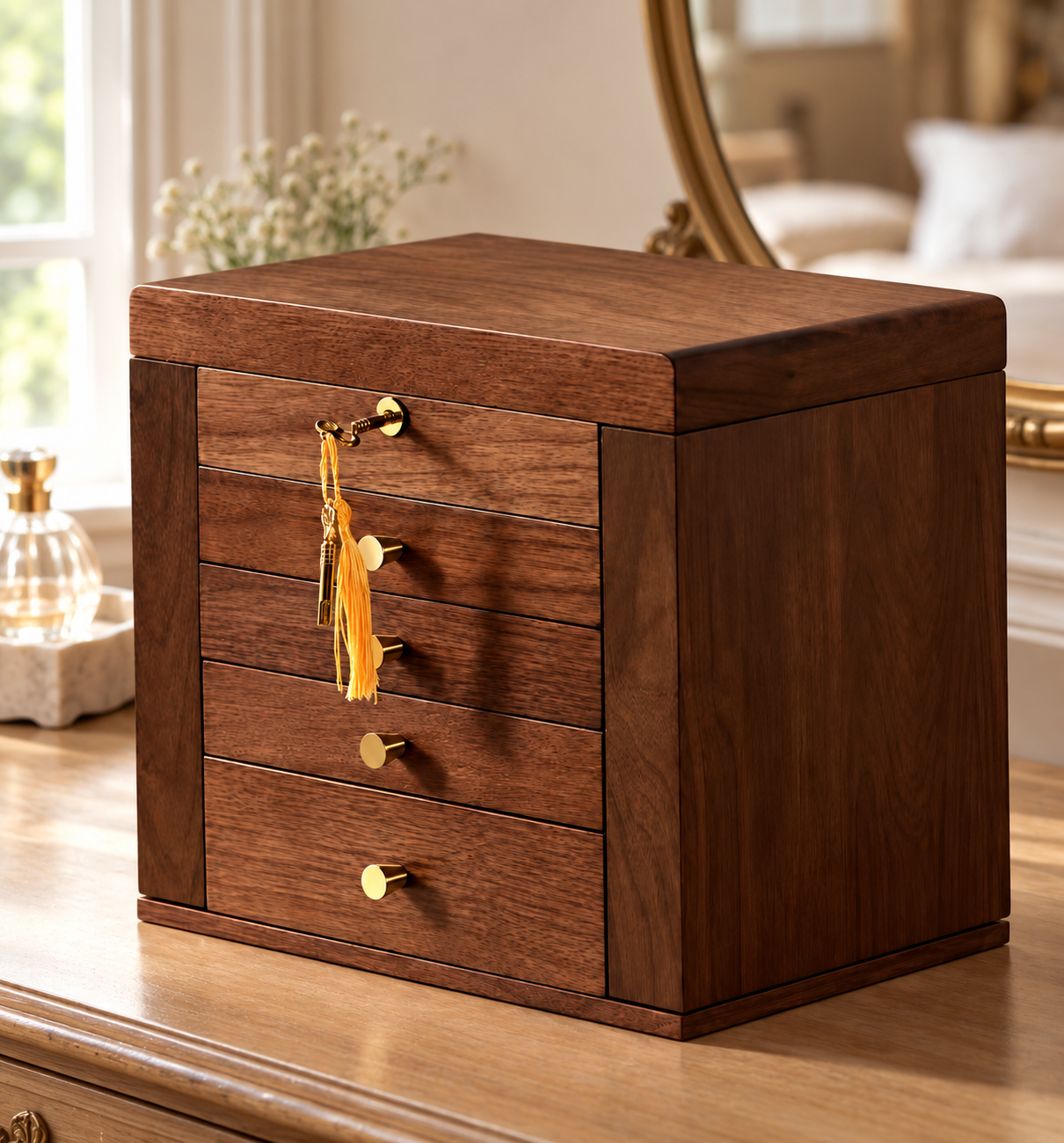 Walnut jewelry box with lift-top mirror and side doors
