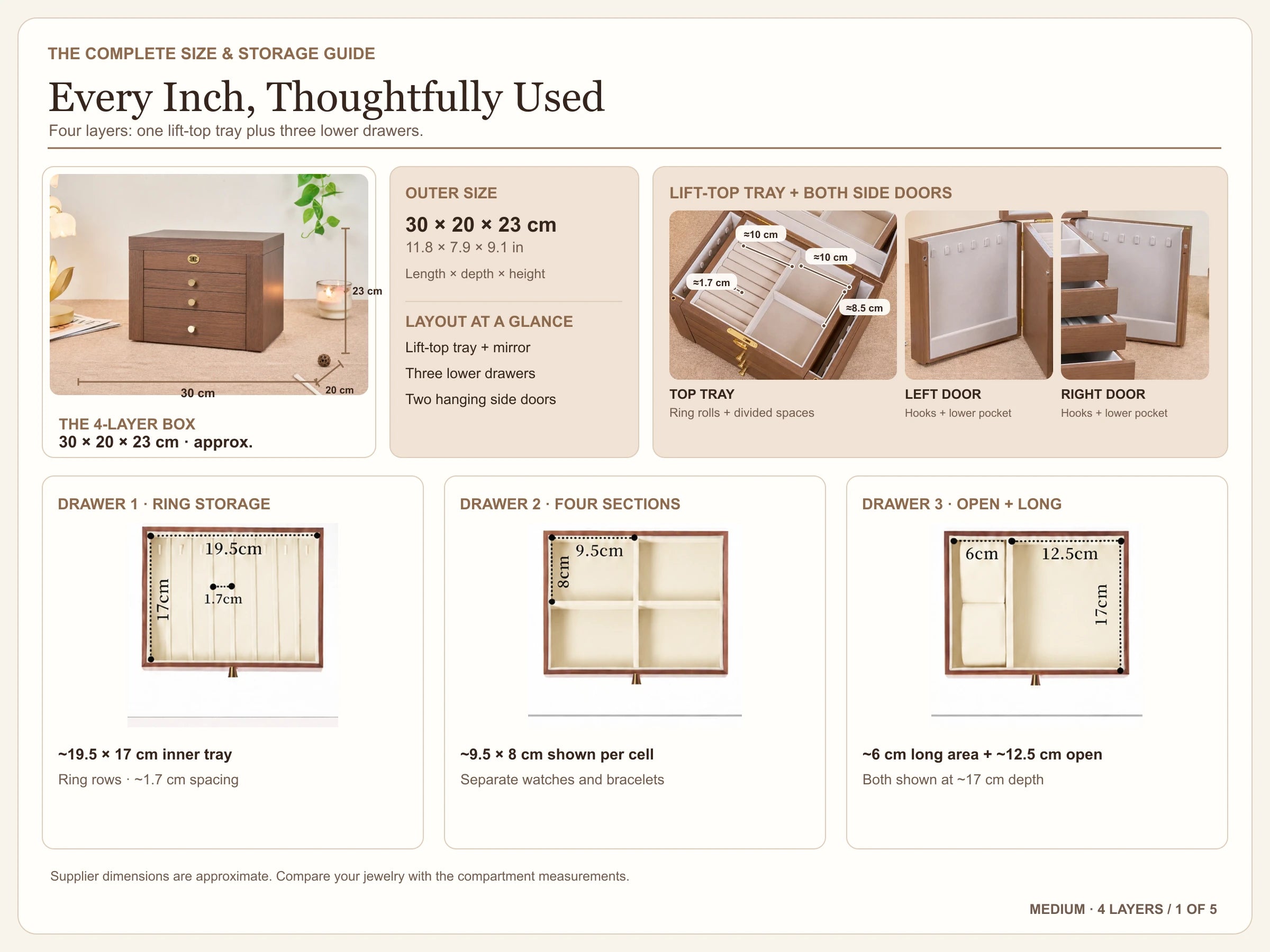 Four-layer jewelry box: complete size and storage guide