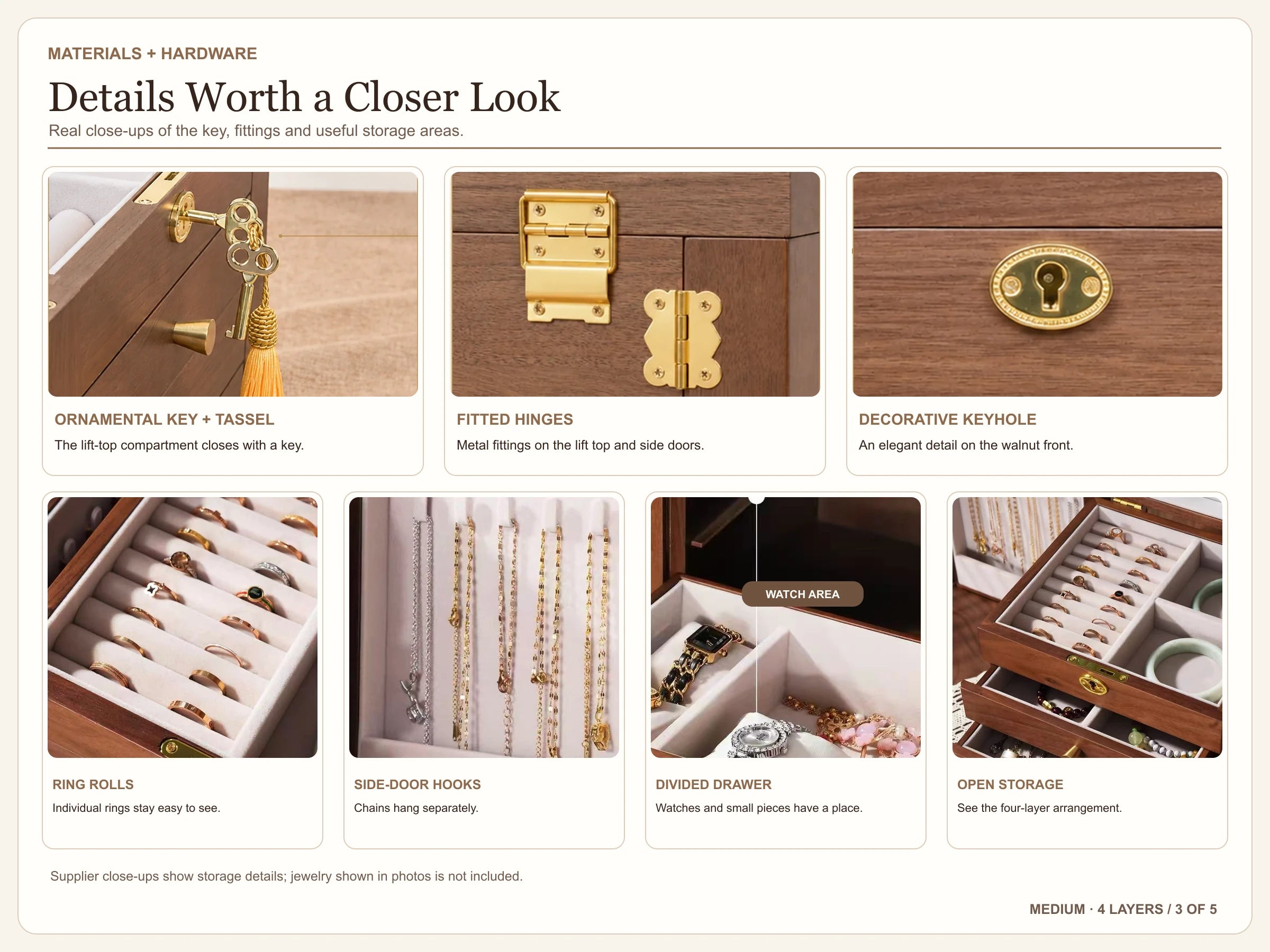 Four-layer jewelry box: materials, hardware and storage details