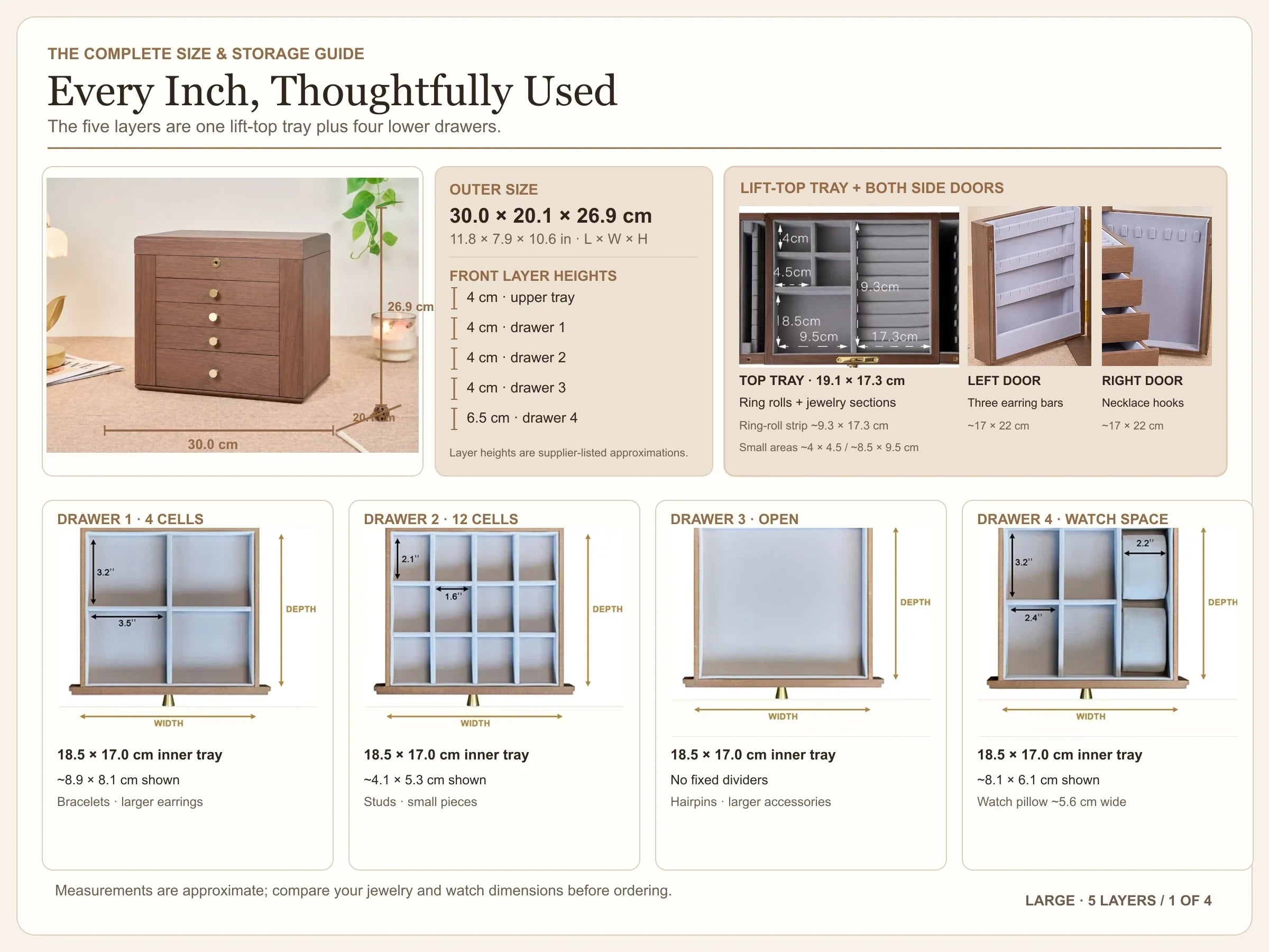 Five-layer jewelry box: complete size and storage guide