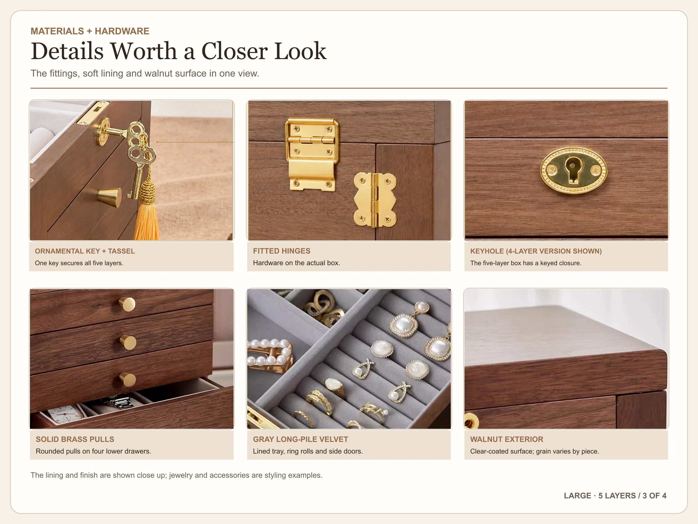 Five-layer jewelry box: materials, hardware and storage details